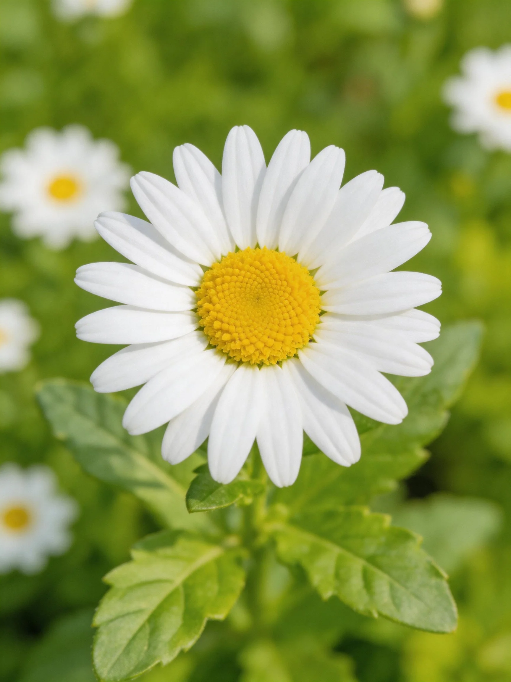 A single white daisy with yellow center amid green foliage