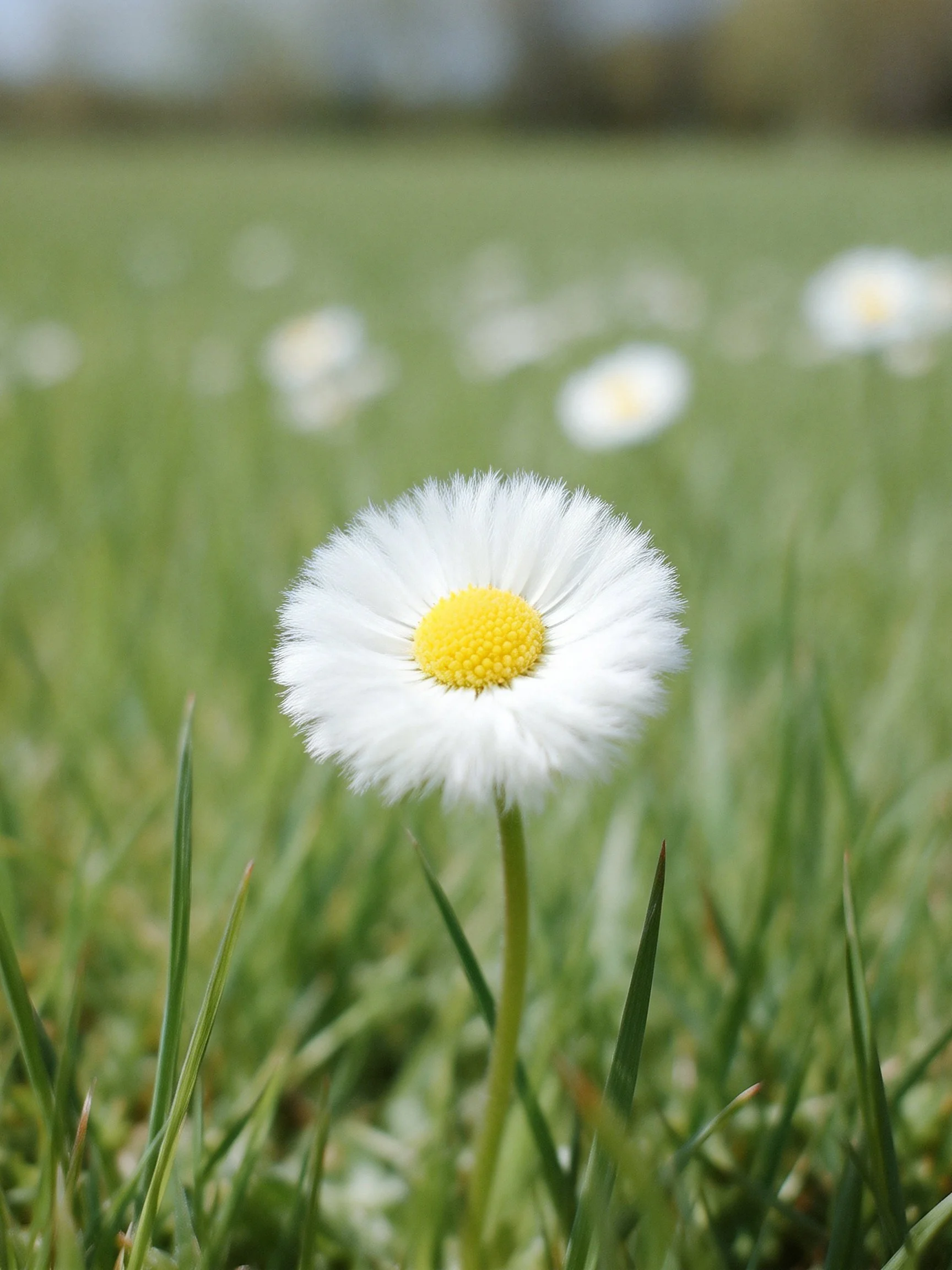 A single white daisy with yellow center amid green grass