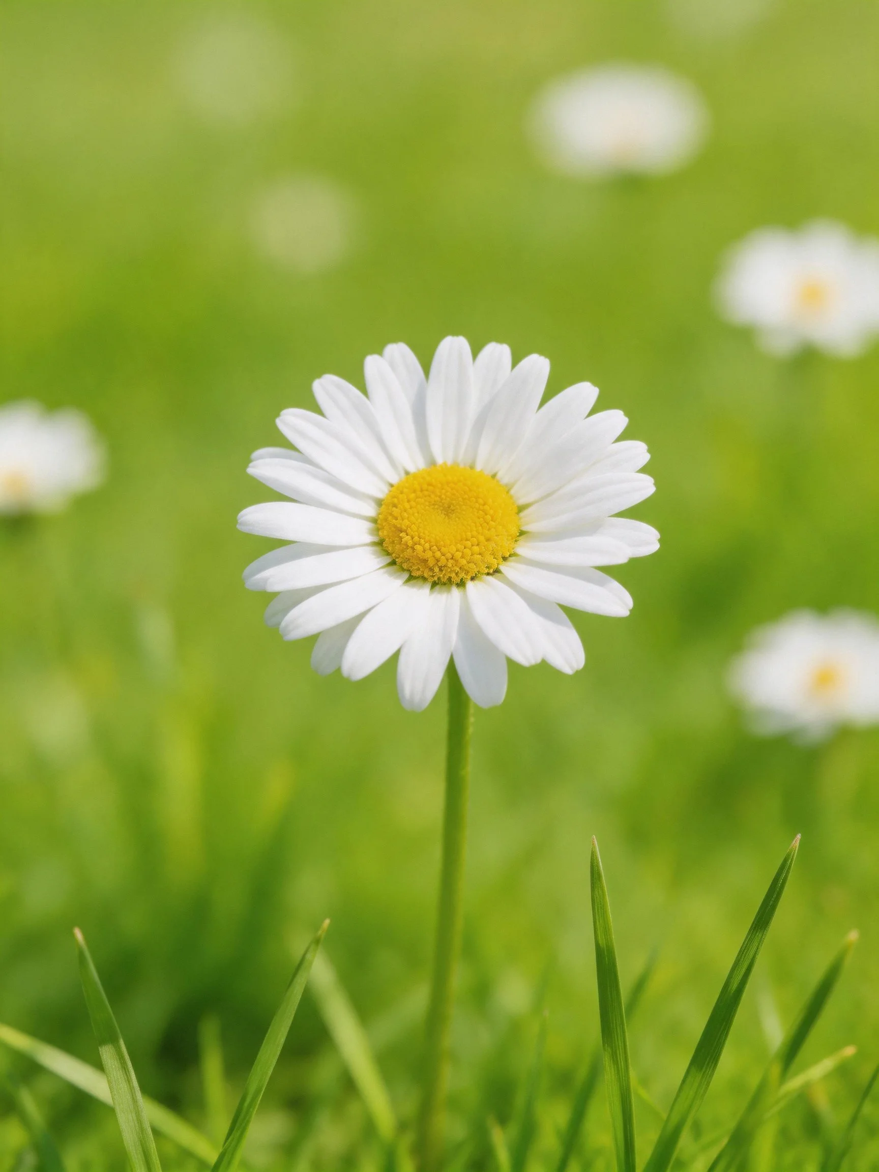 A single white daisy with yellow center amid green grass and blurred flowers