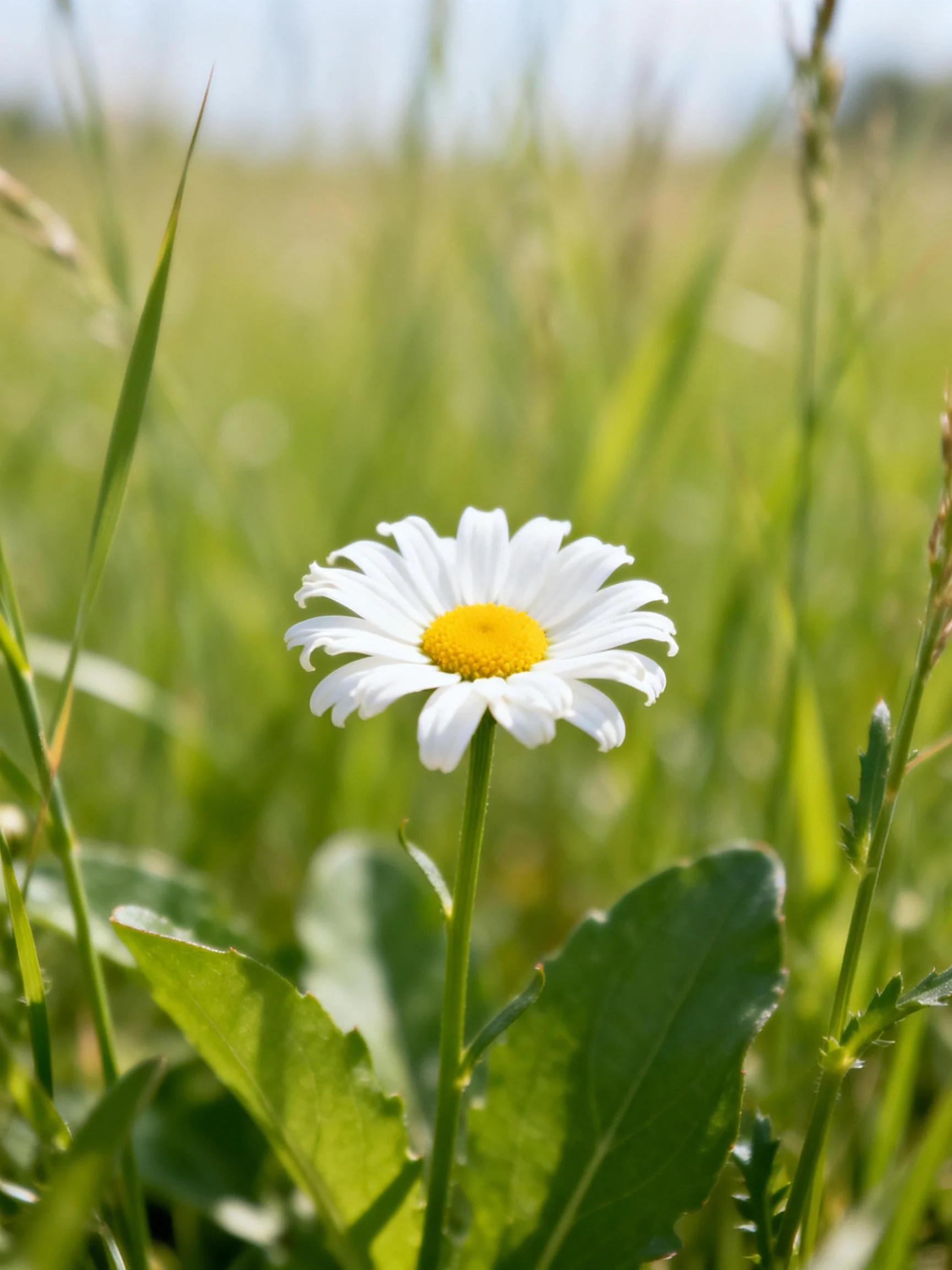 A single white daisy with yellow center amid lush green grass