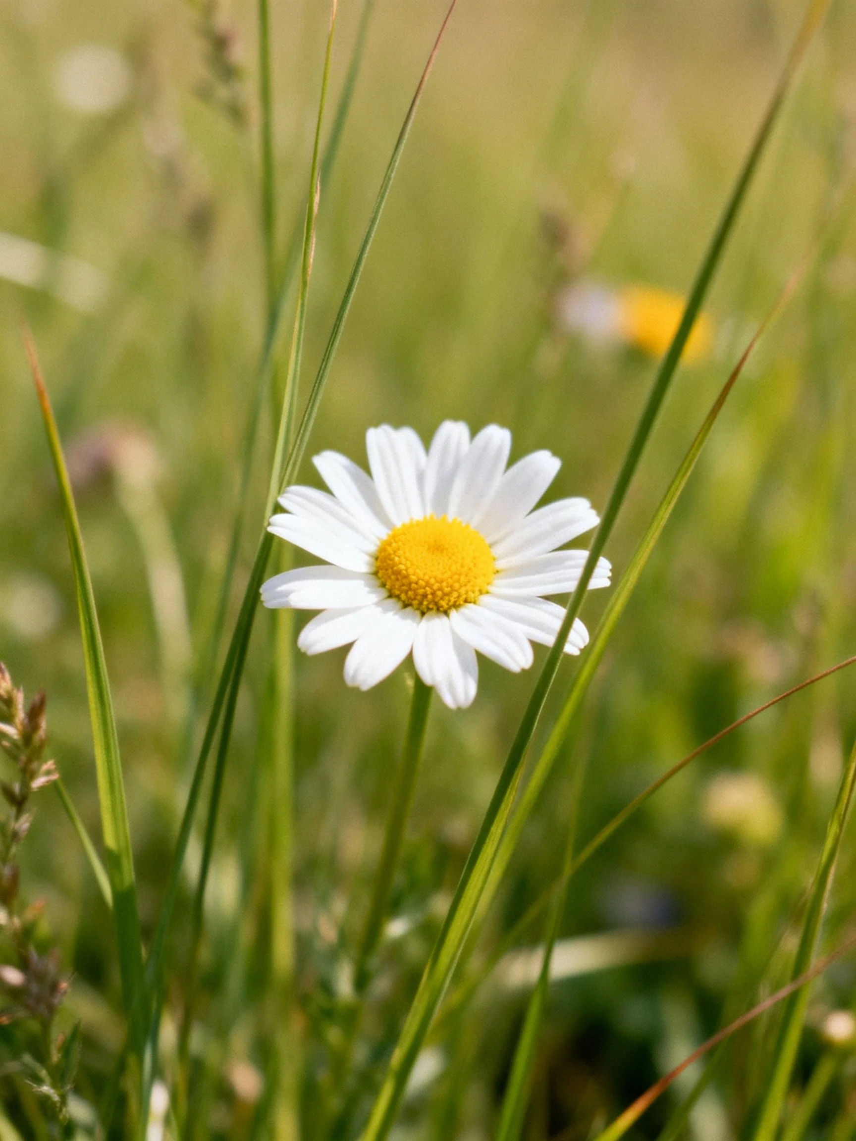 A single white daisy with yellow center amid tall green grass