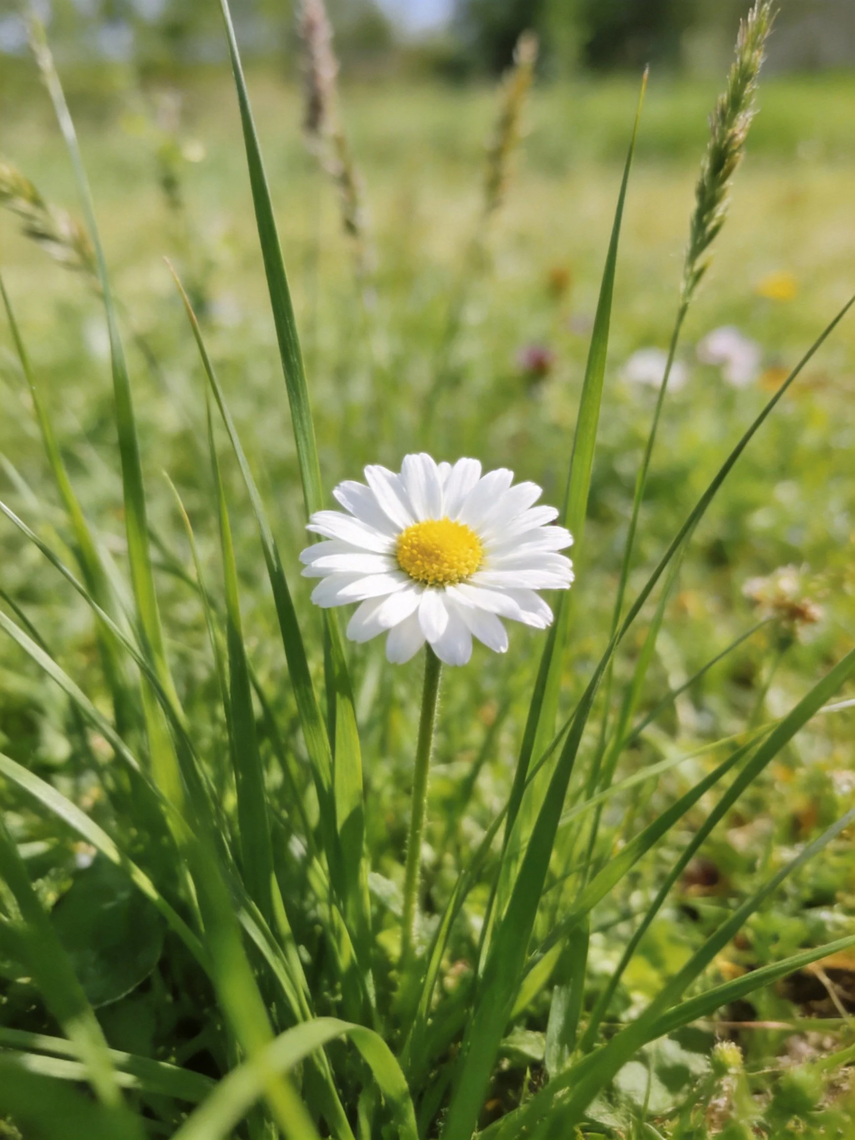 A single white daisy with yellow center amid tall green grass