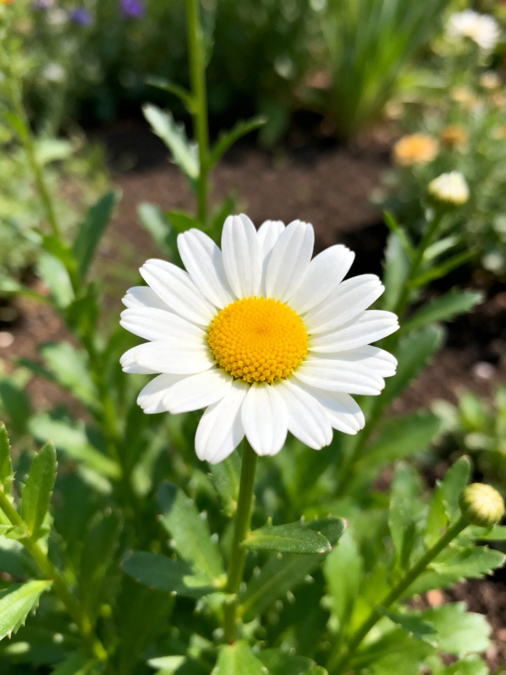 A single white daisy with yellow center among green foliage