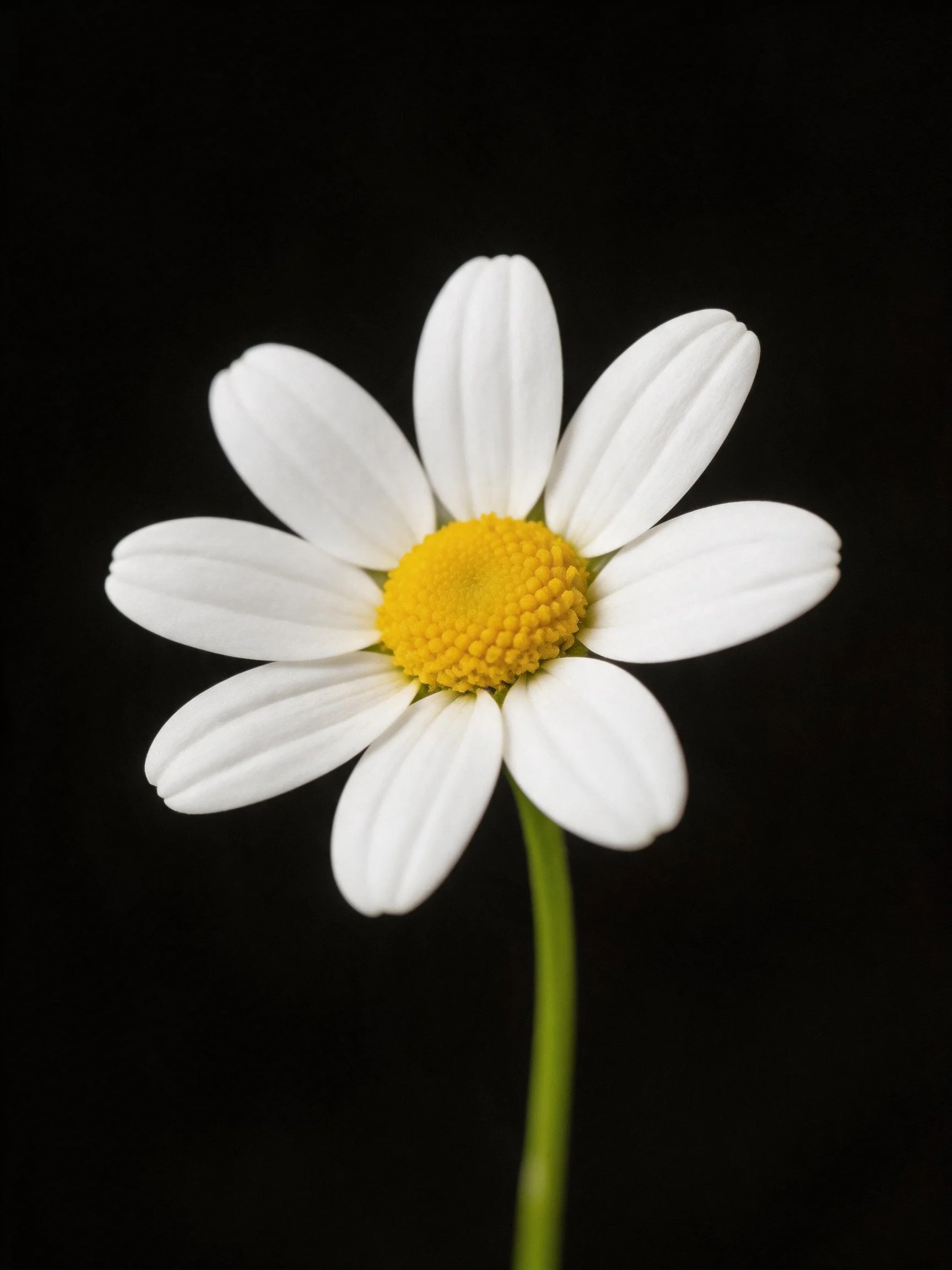 A single white daisy with yellow center on black backdrop