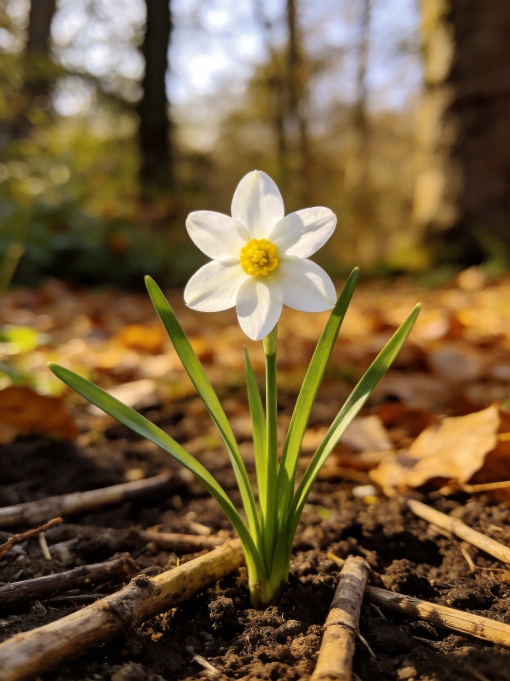 A single white flower blooms among autumn leaves and earth