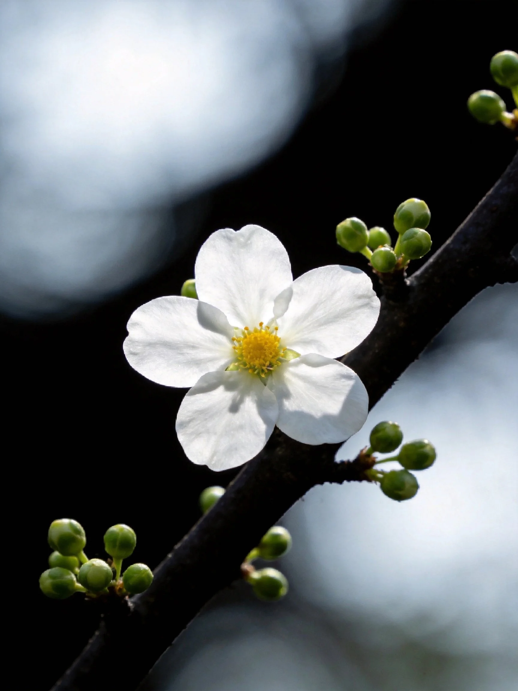 A single white flower blooms on a dark branch with green buds