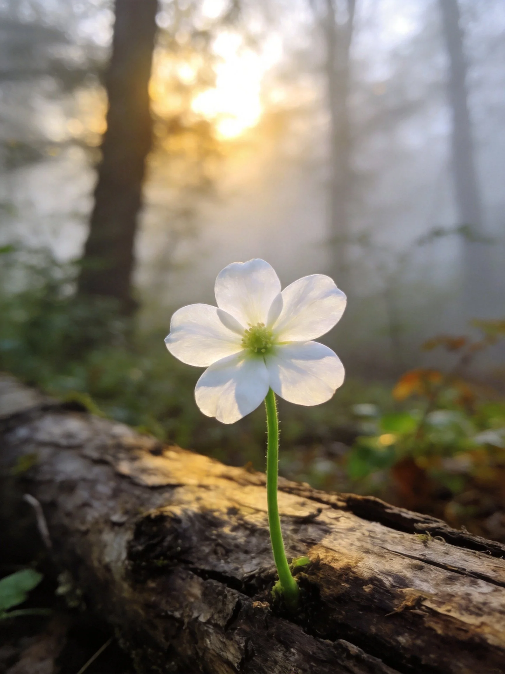 A single white flower emerges from an aged log in a misty forest at sunrise