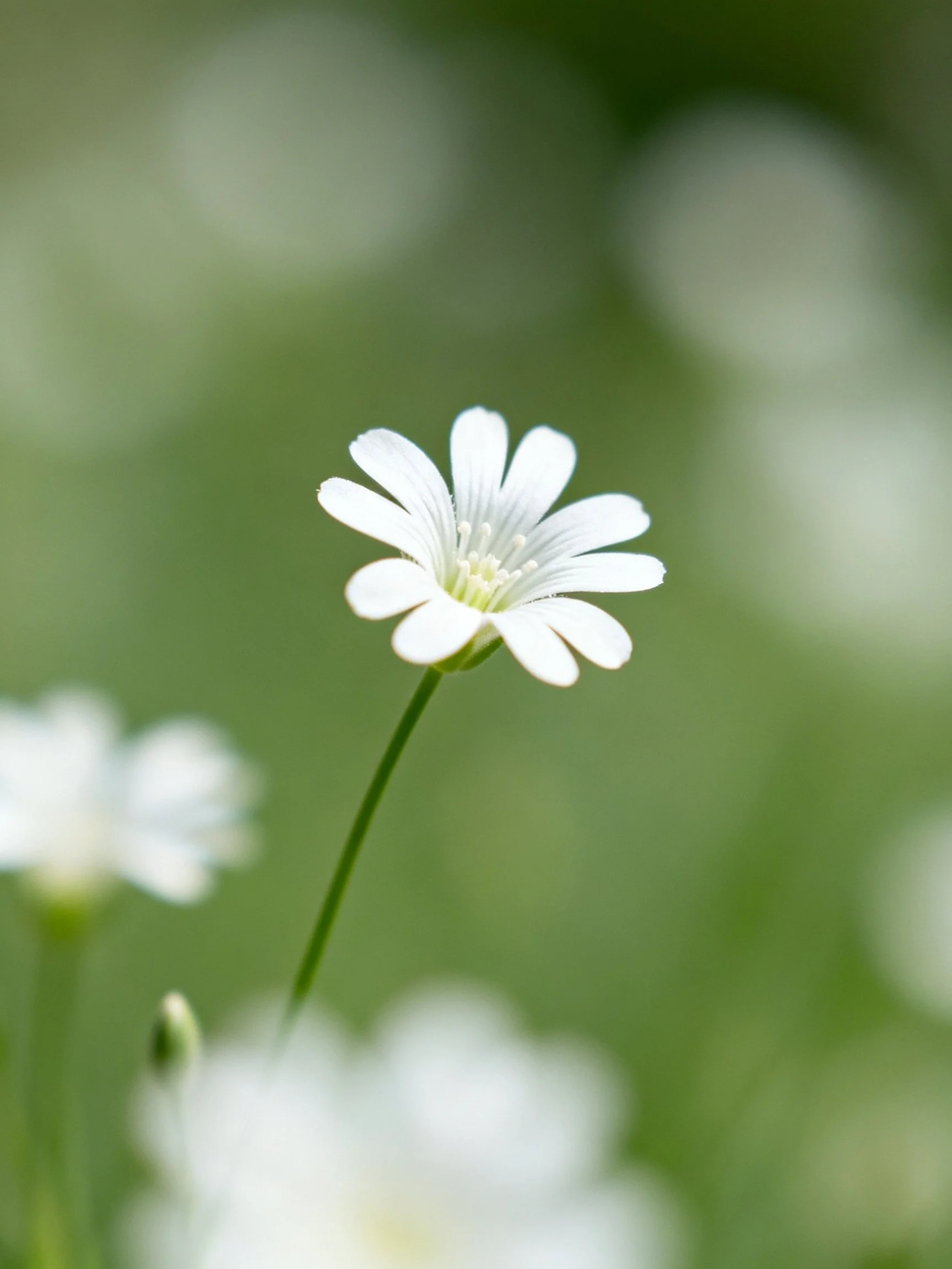 A single white flower stands out amid blurred blooms on a soft green backdrop