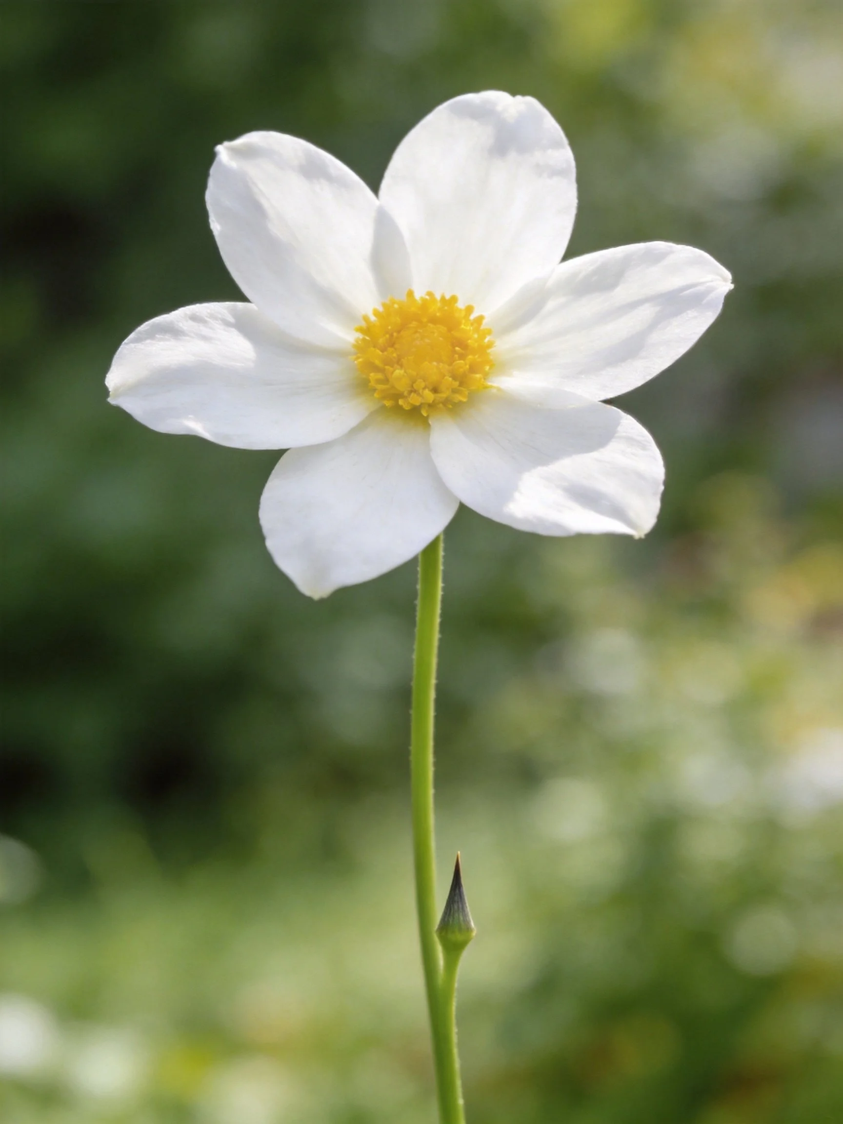 A single white flower with a bright yellow center