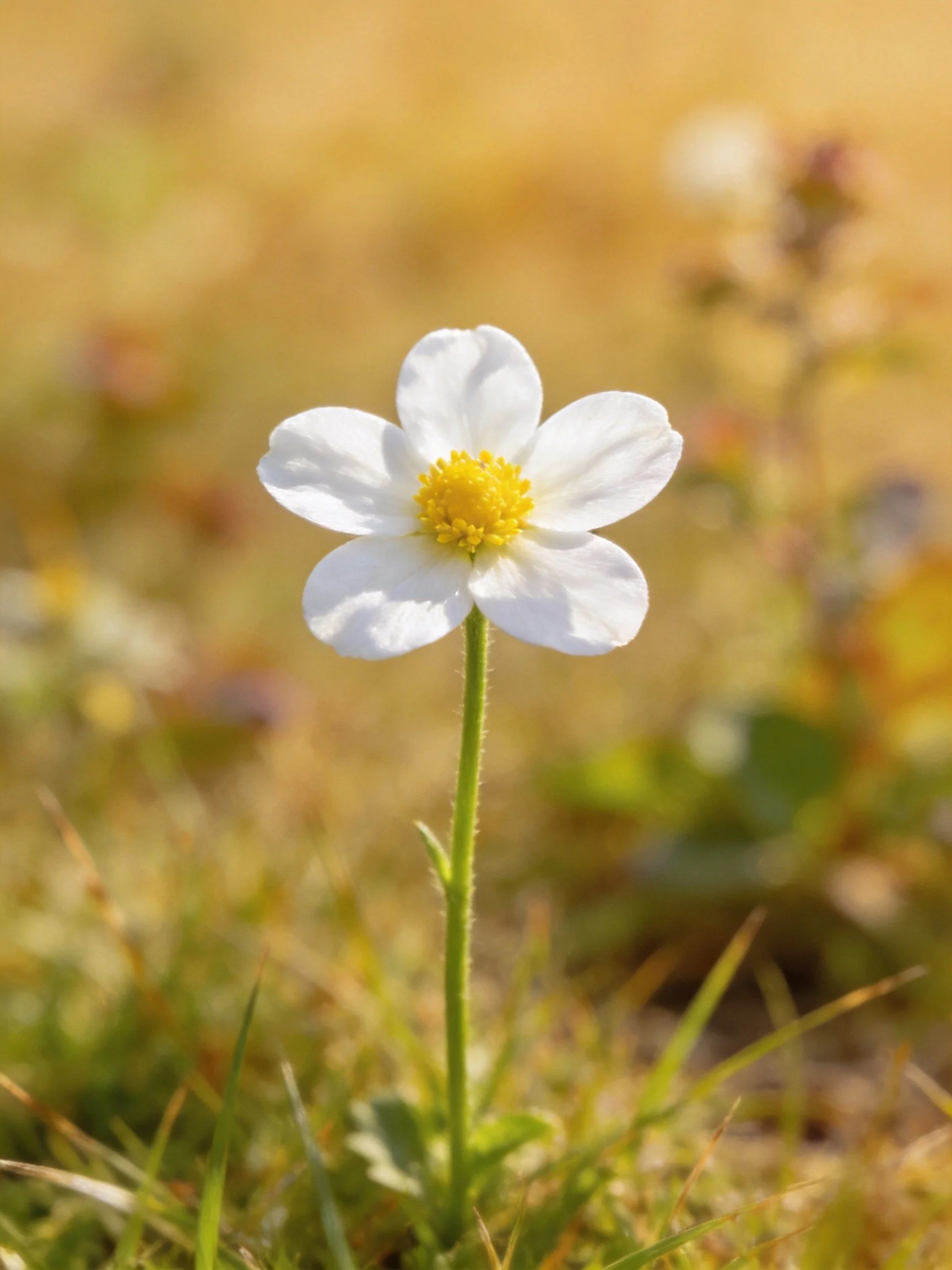 A single white flower with a yellow center stands among grass in a sunlit scene.