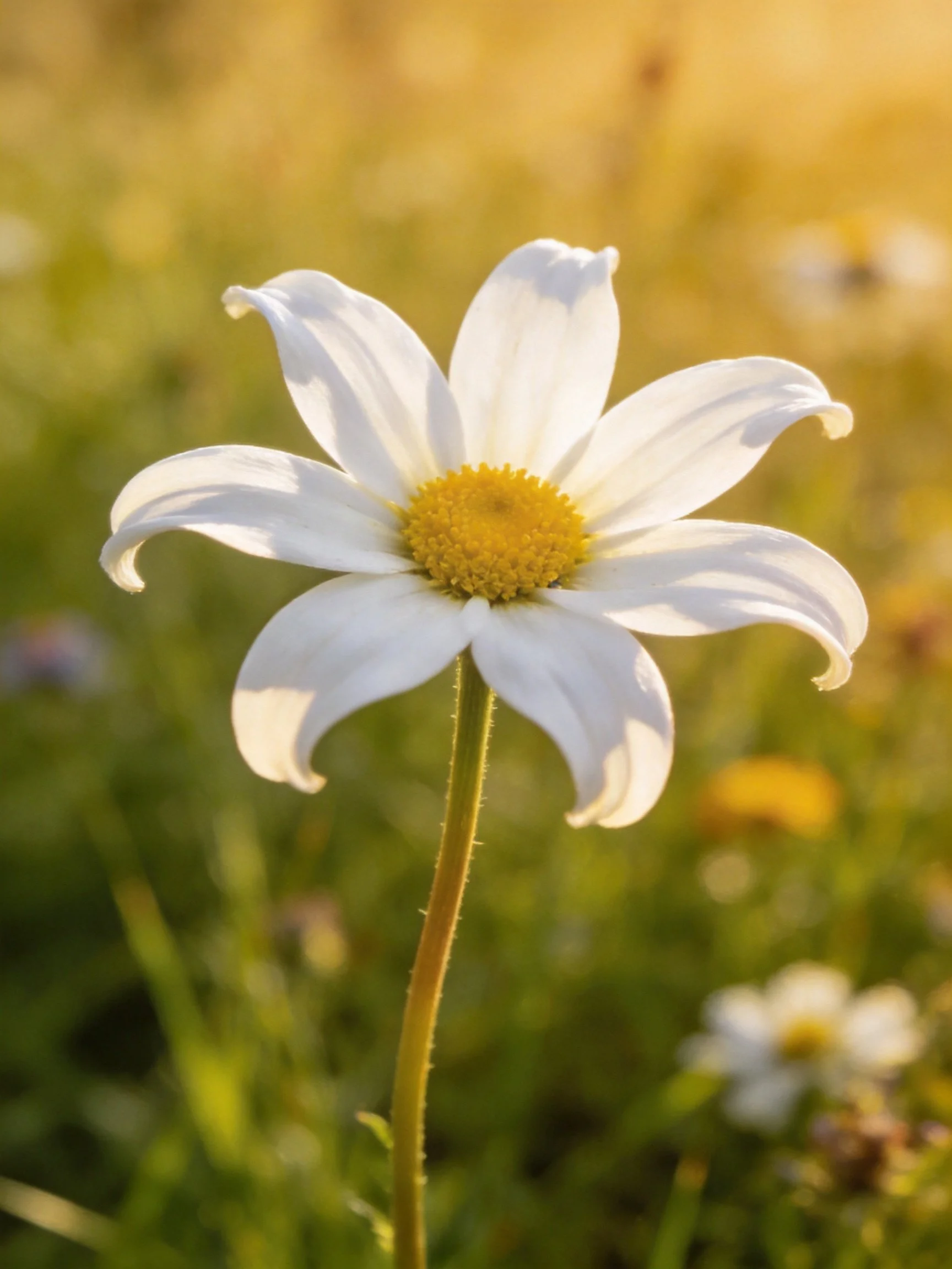 A single white flower with curved petals, yellow center, in a sunlit meadow