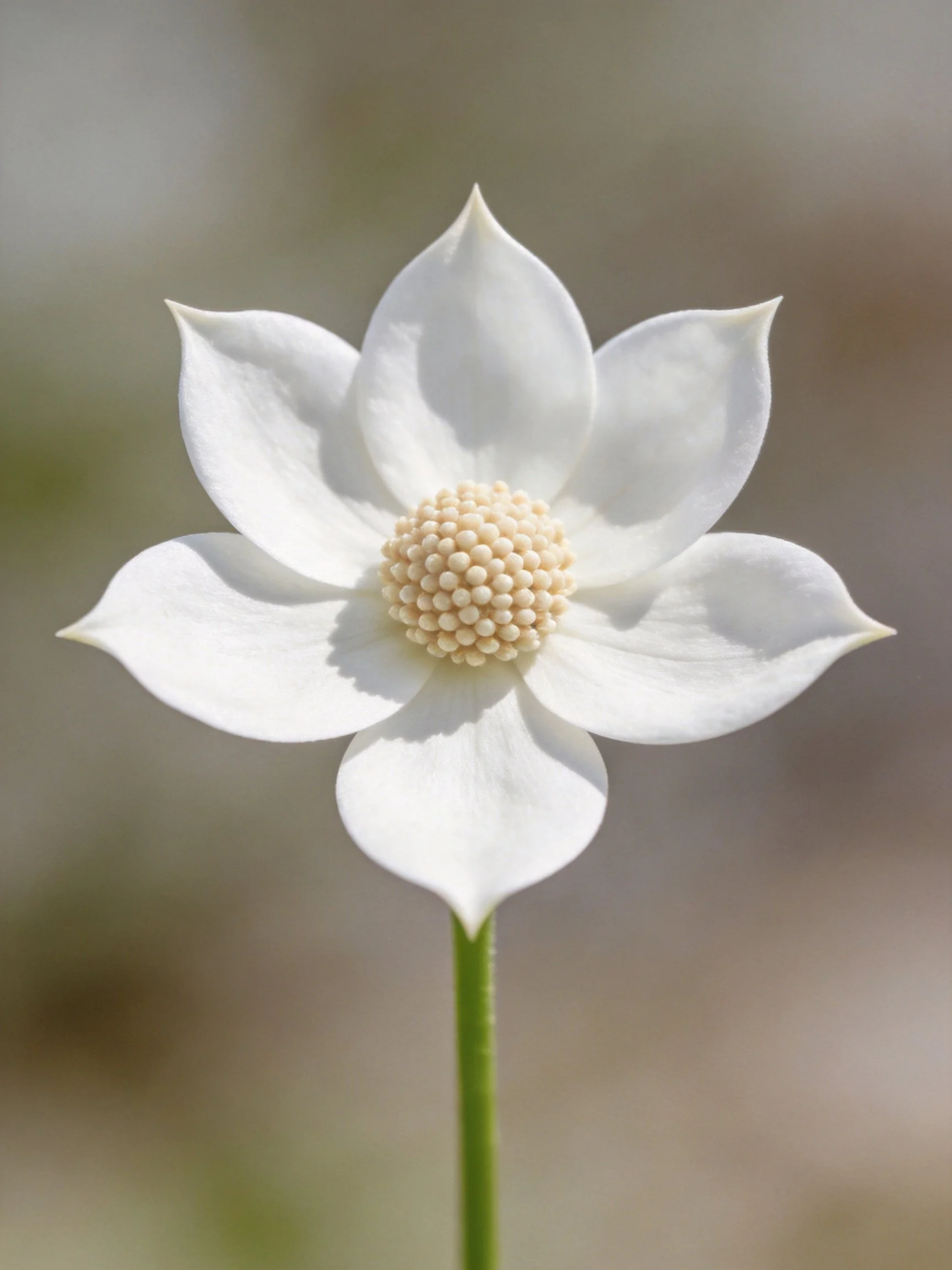 A single white flower with five petals and a textured central cluster