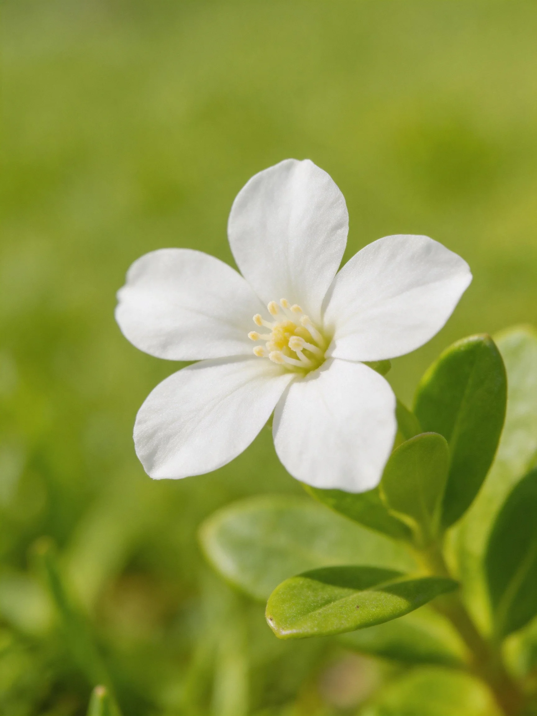 A single white flower with five petals and green leaves