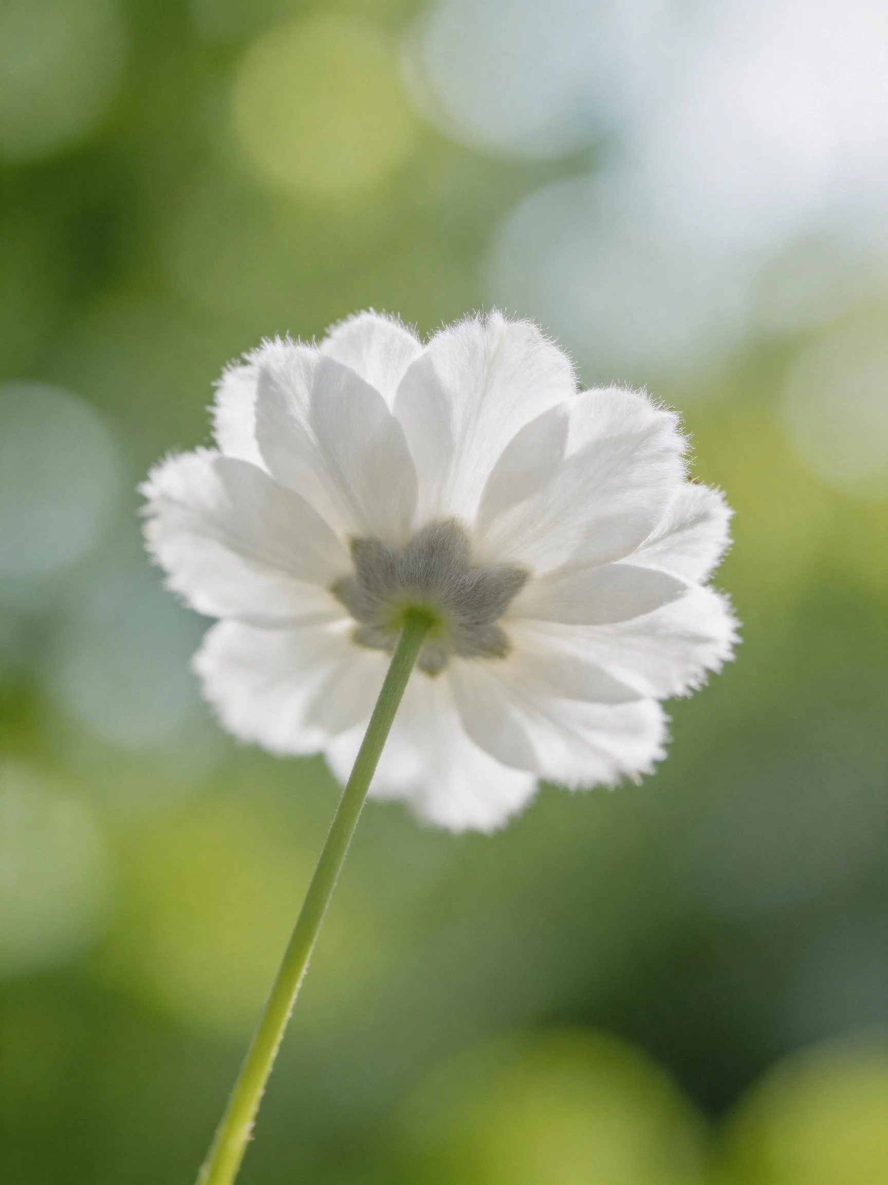 A single white flower with fuzzy petals against soft green bokeh