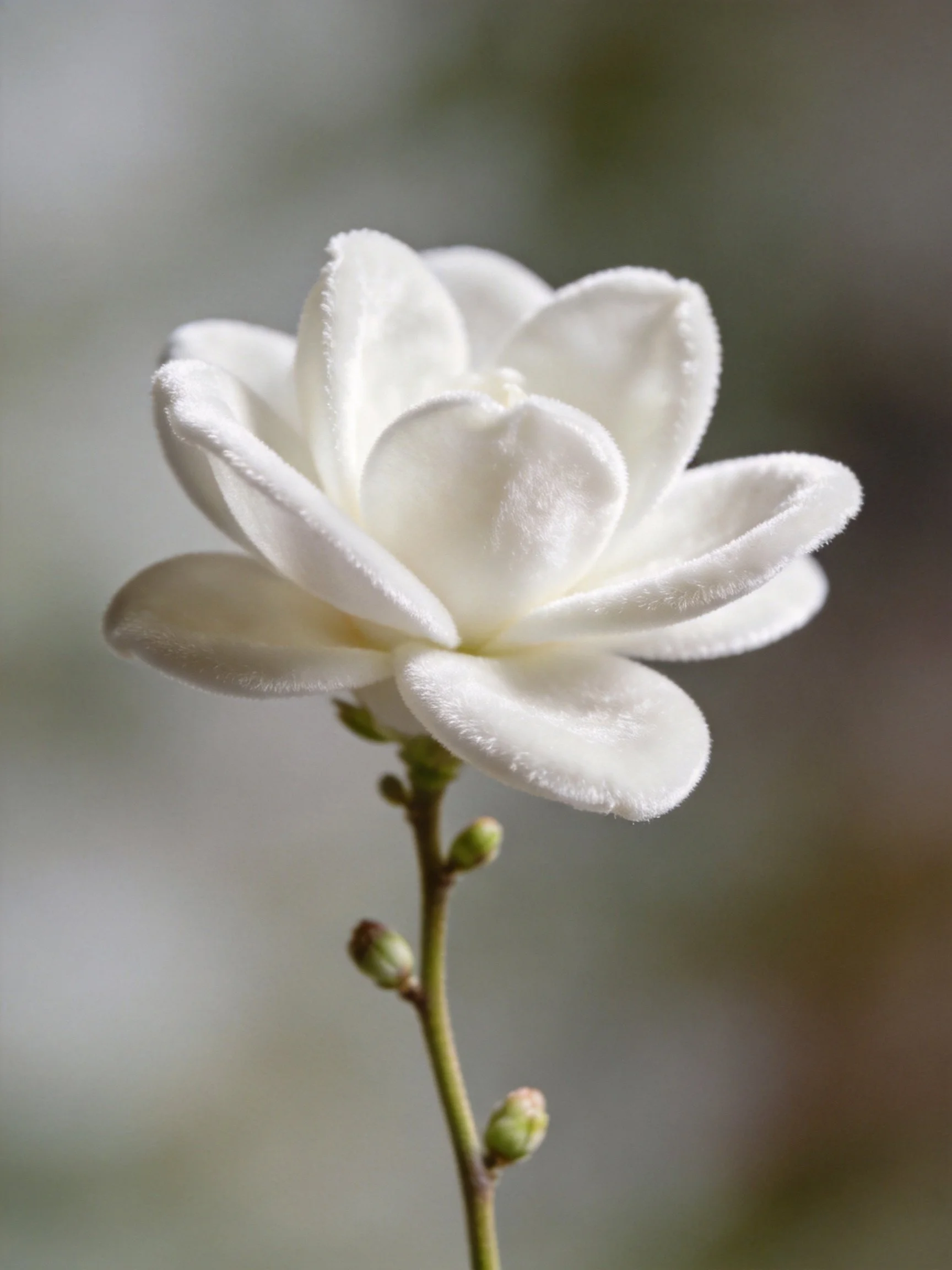A single white flower with layered petals and budding buds