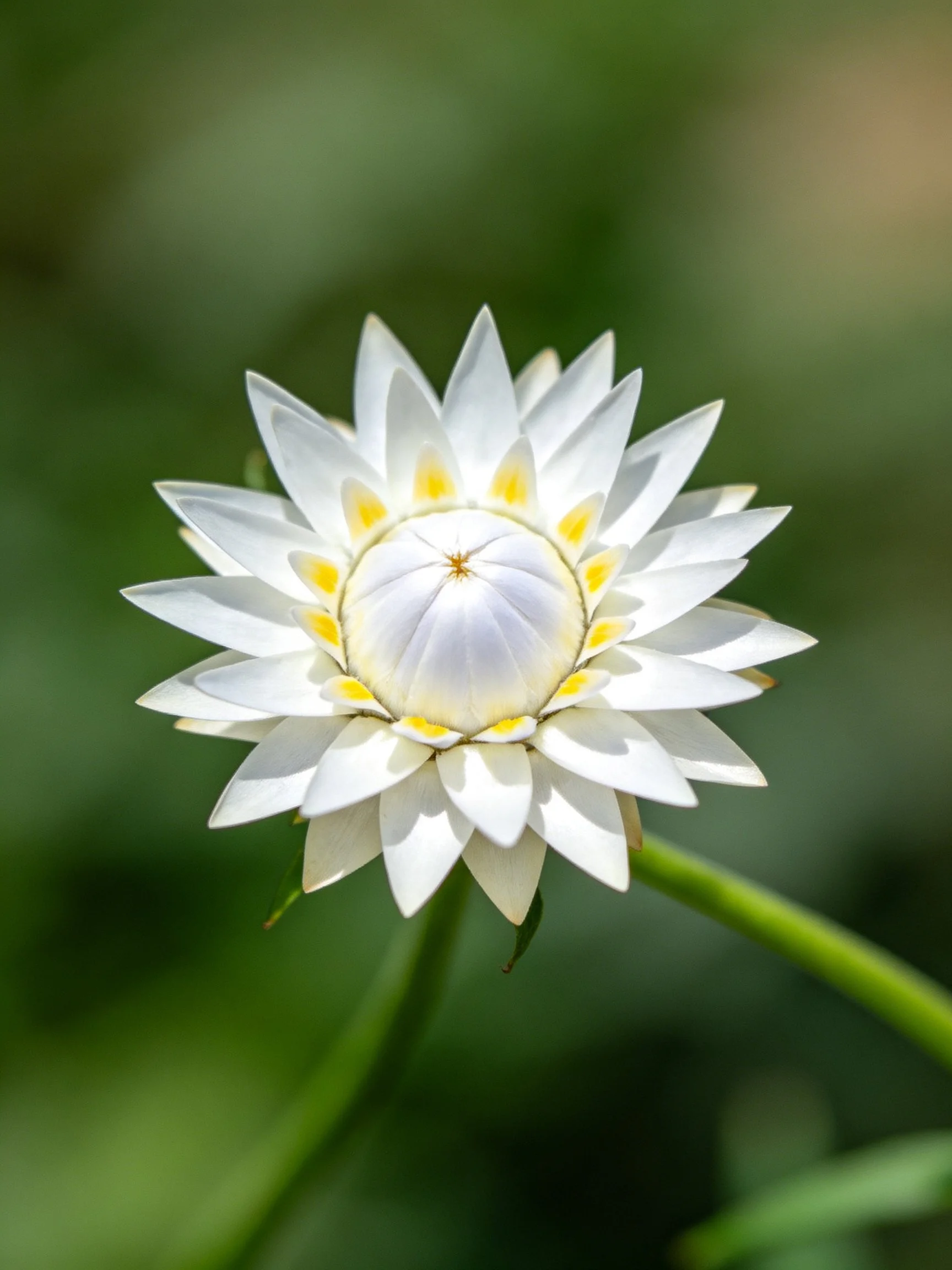 A single white flower with layered petals and yellow centers