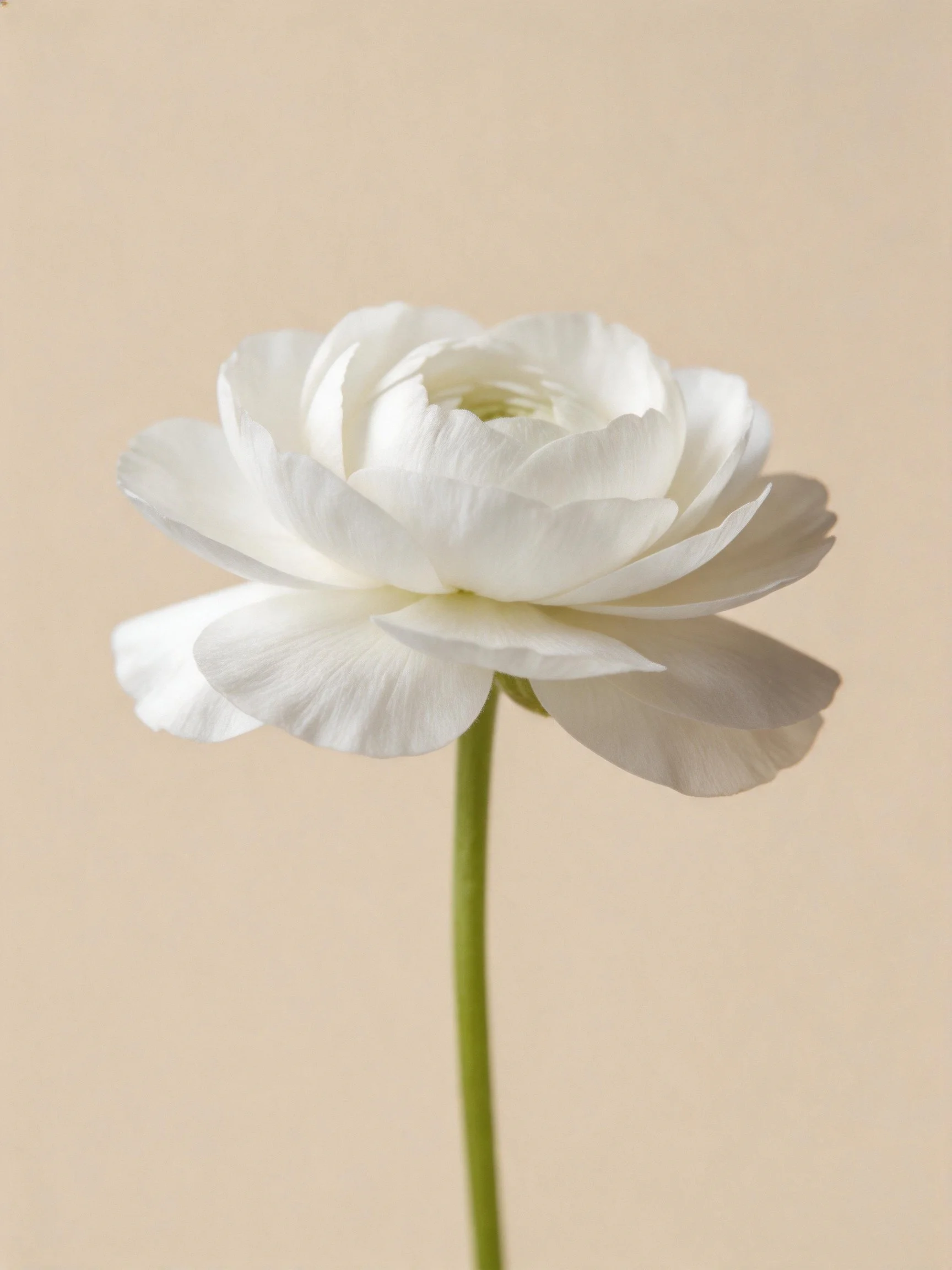 A single white flower with layered petals on a green stem.