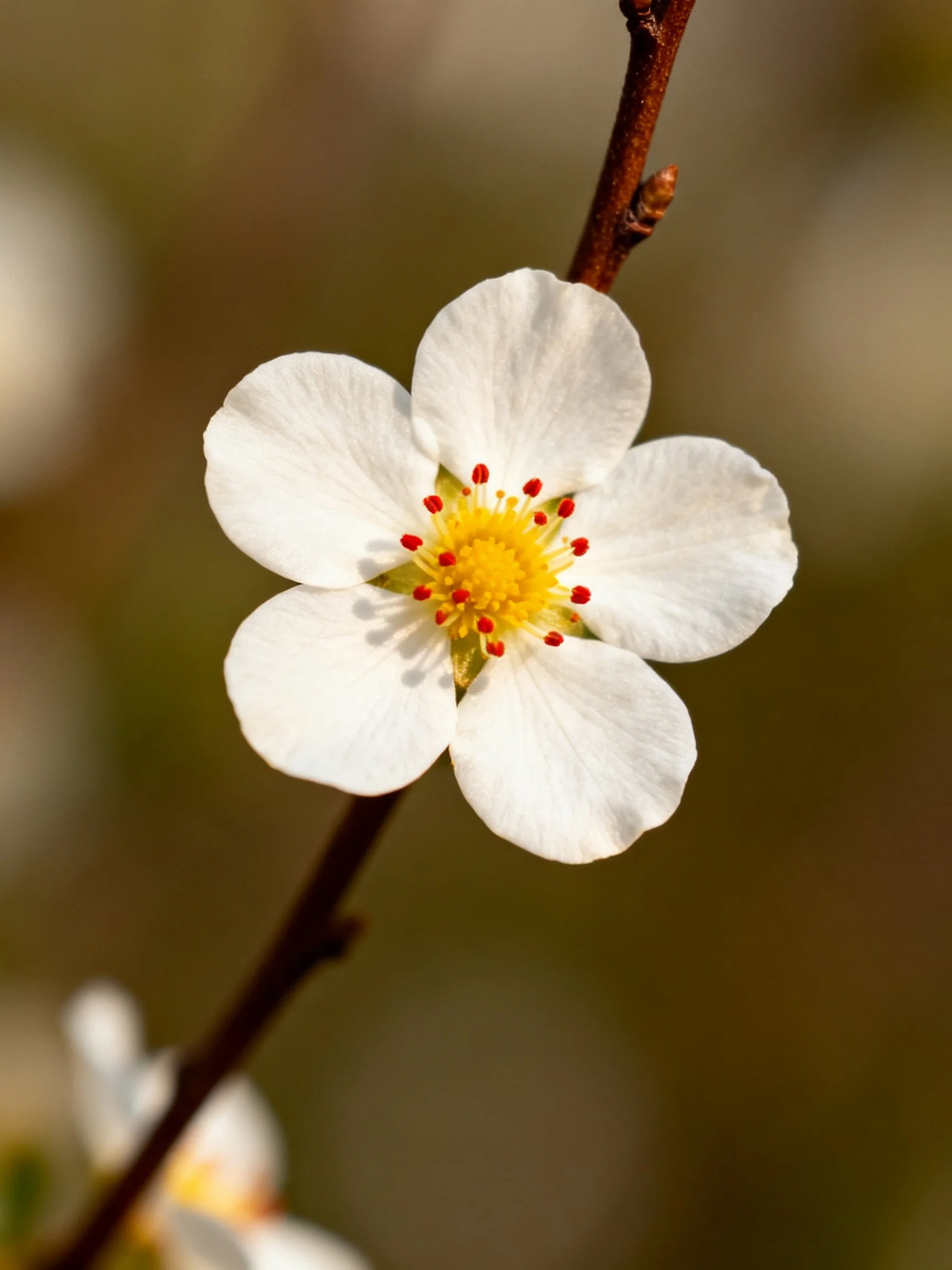 A white flower with red stamens grows on a brown branch against a blurred background.