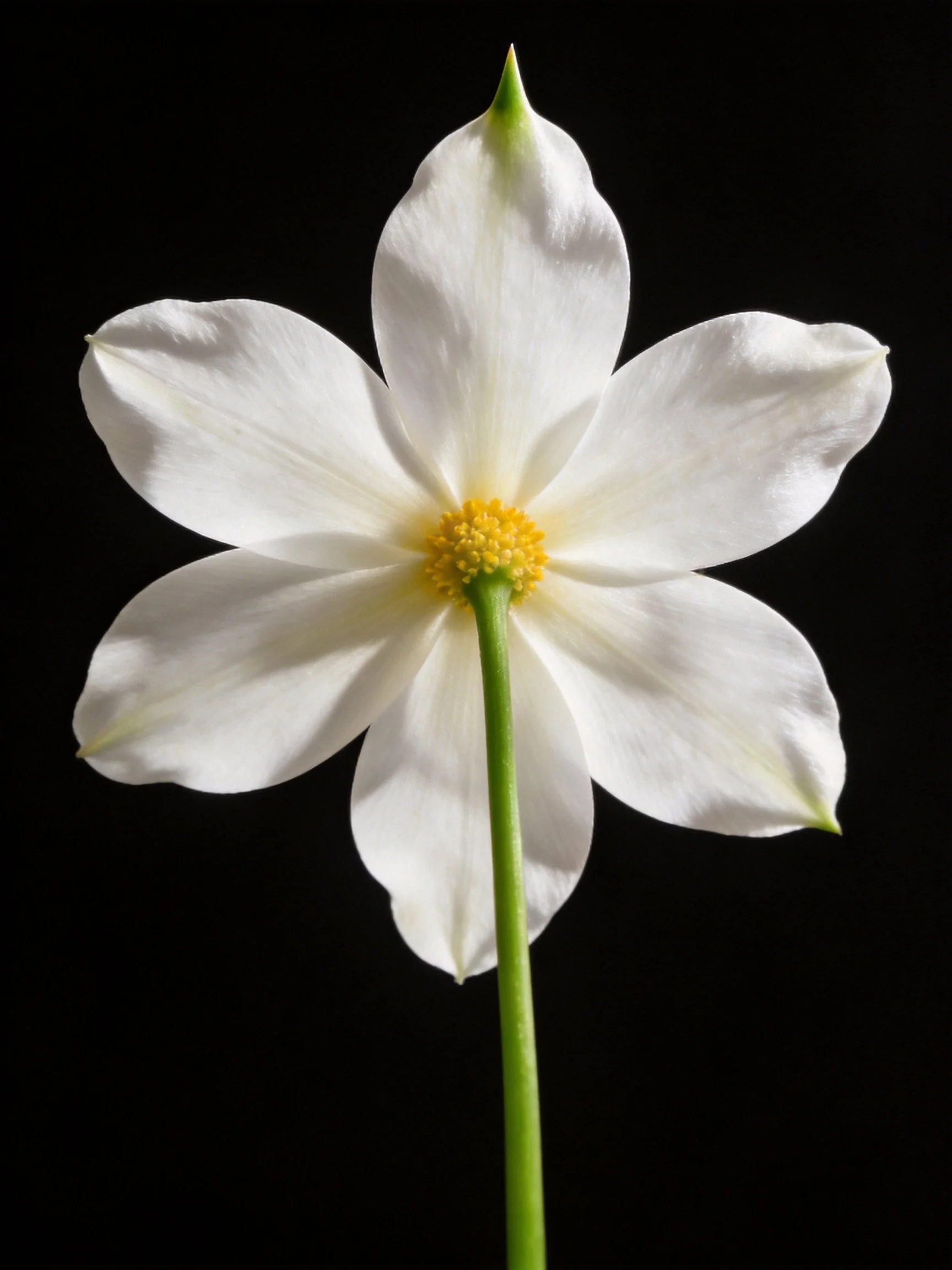 A single white flower with six petals, yellow center, green stem