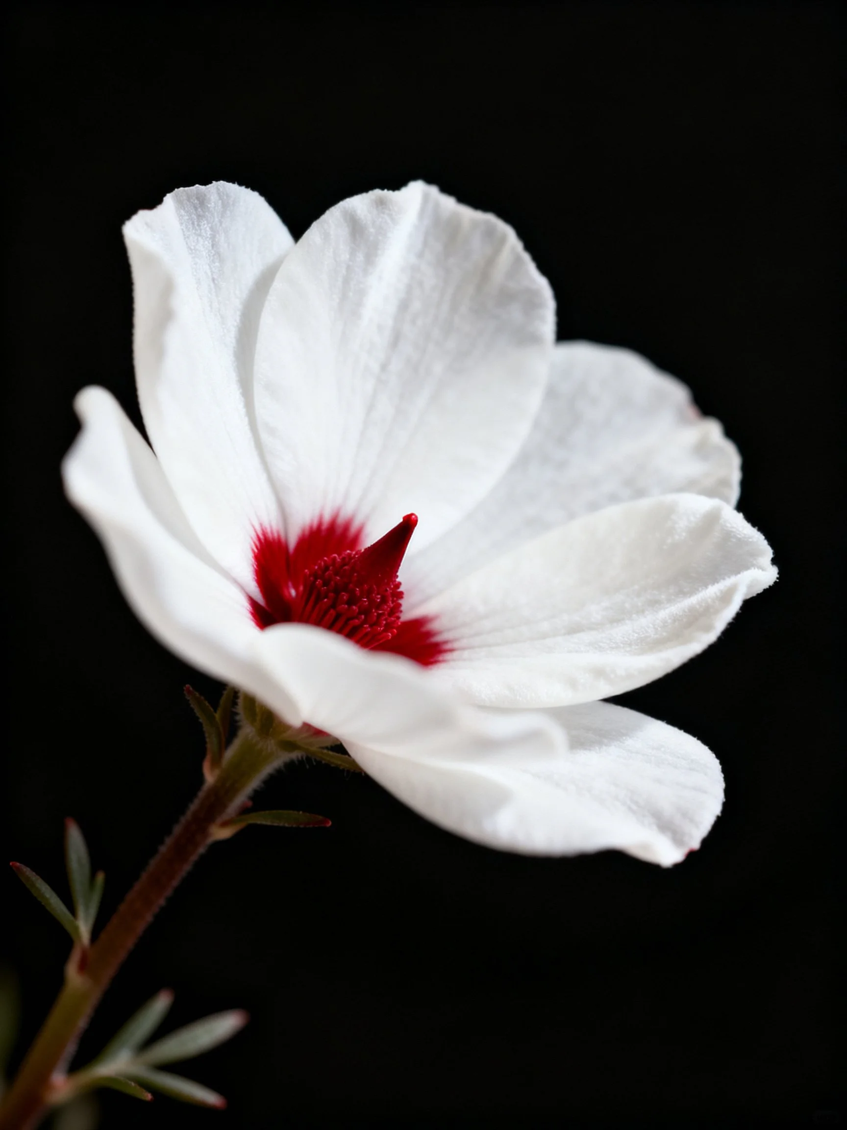 A single white flower with vibrant red center