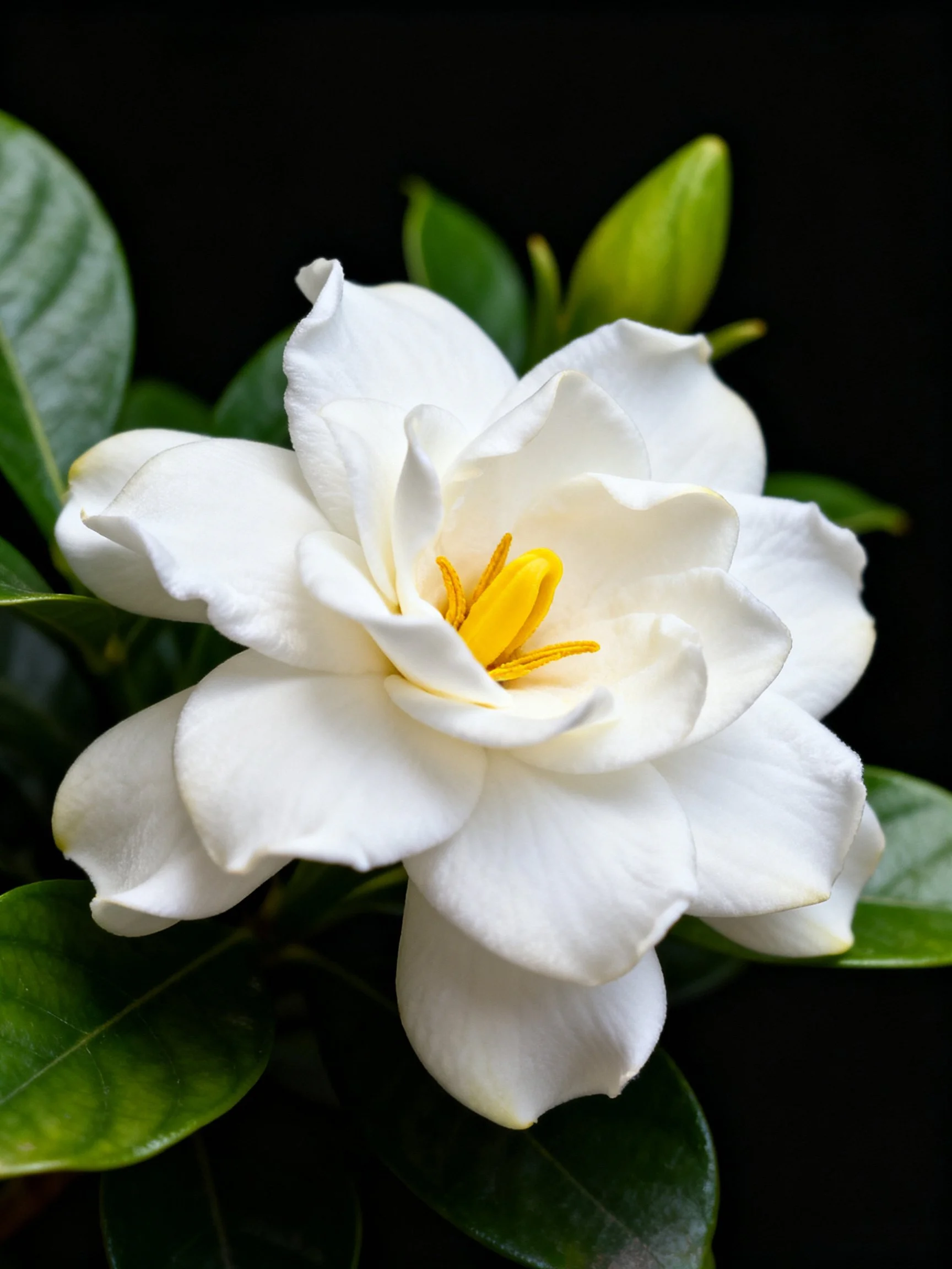 A single white gardenia flower with yellow center and lush green leaves