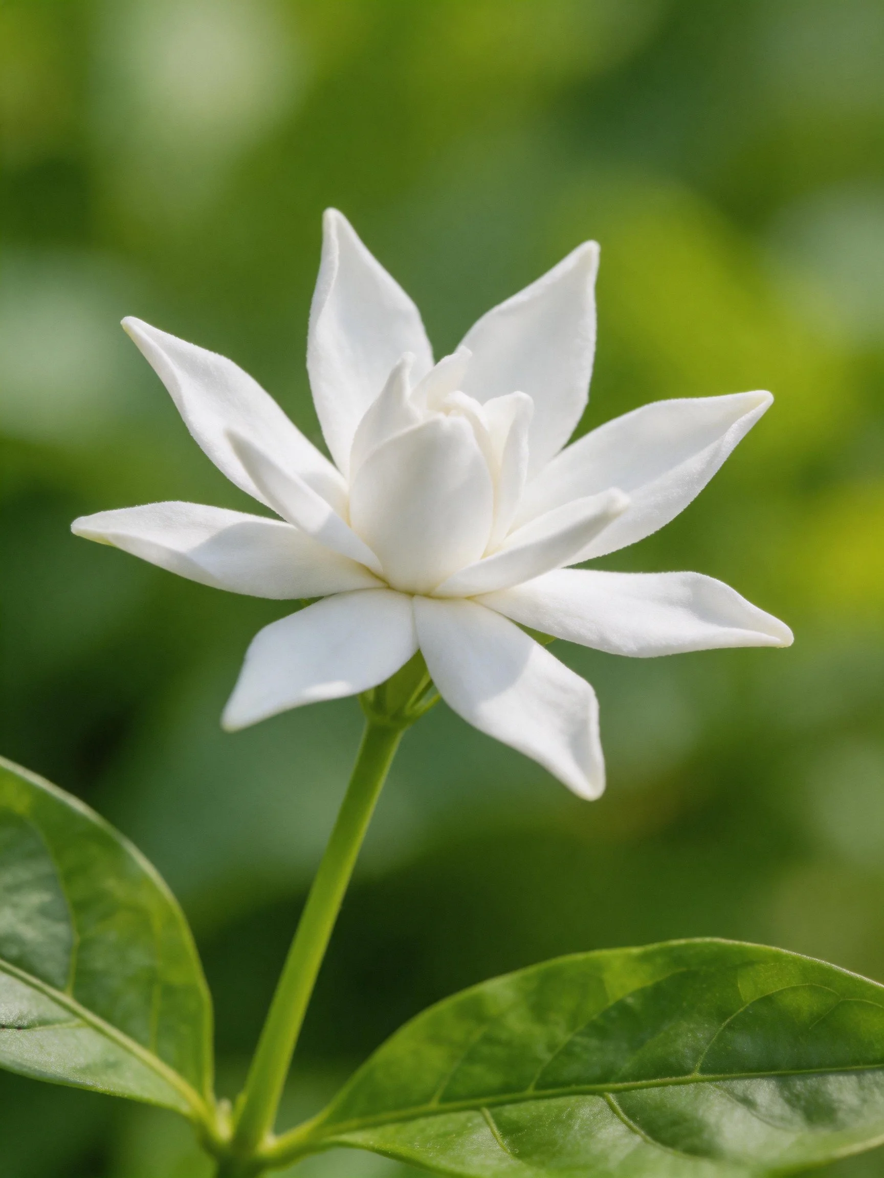 A single white jasmine flower with broad green leaves