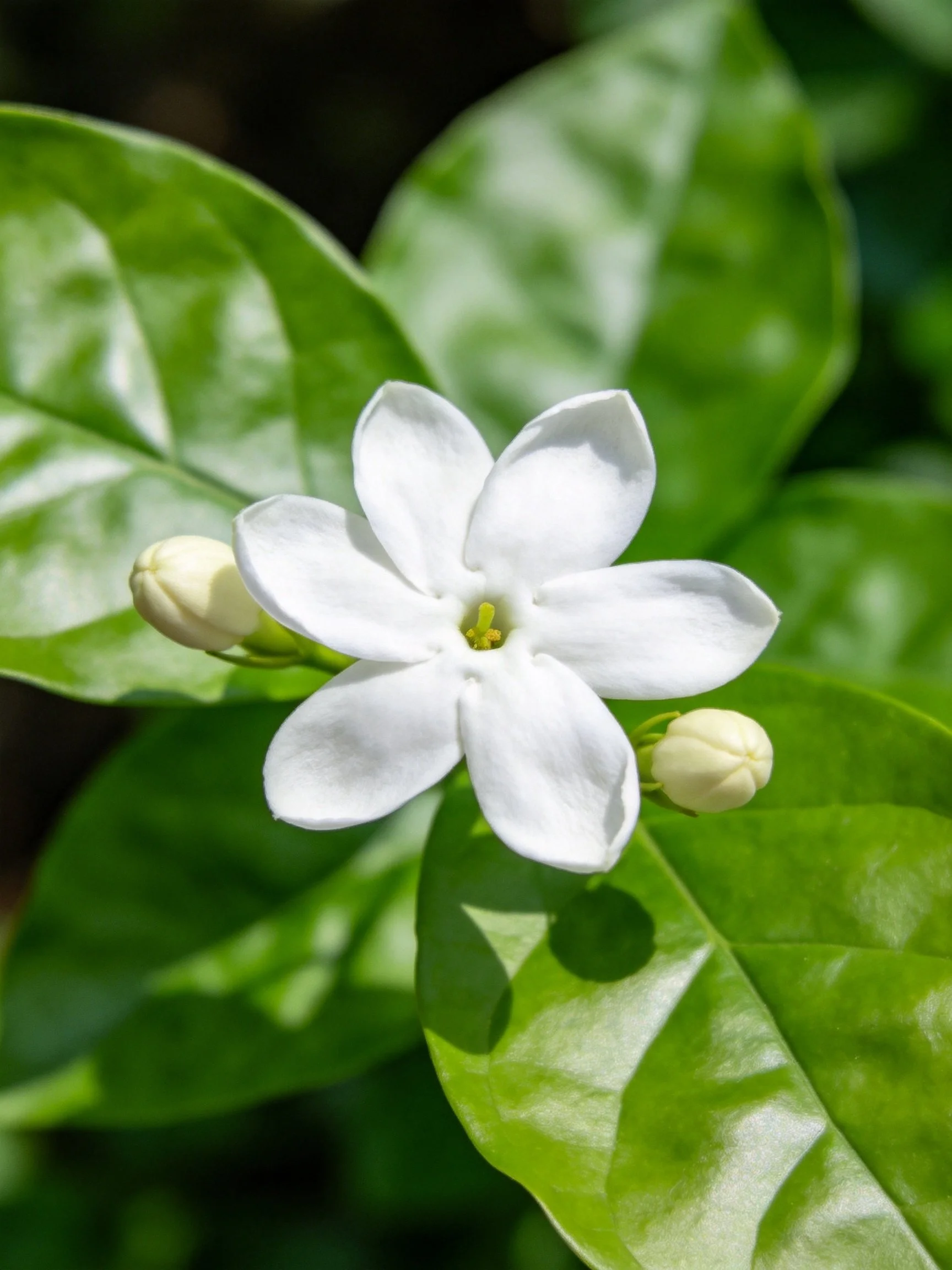 A single white jasmine flower with glossy green leaves and unopened buds