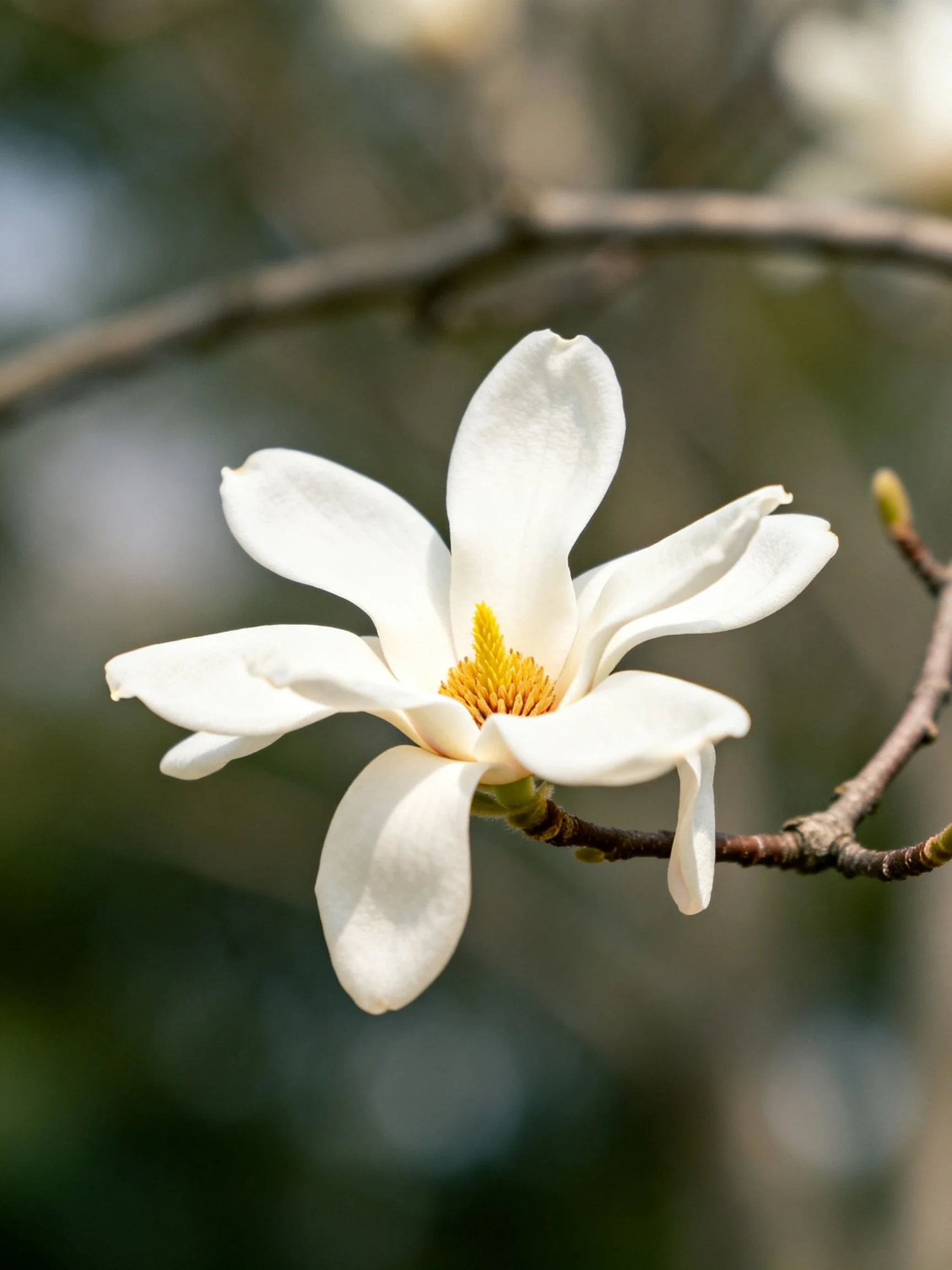 A single white magnolia bloom with golden center on a brown branch