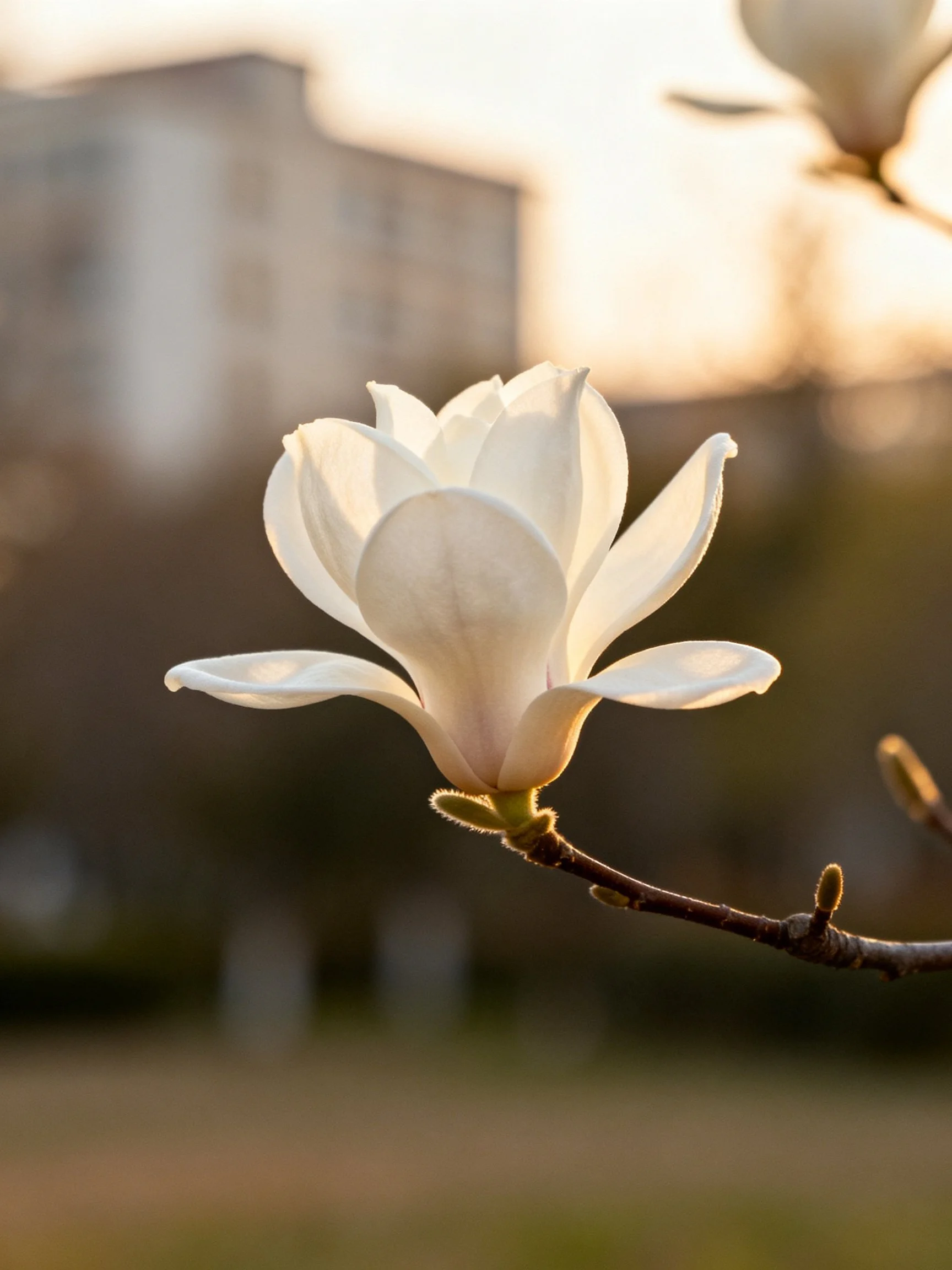 A single white magnolia flower illuminated by warm evening light with an urban backdrop