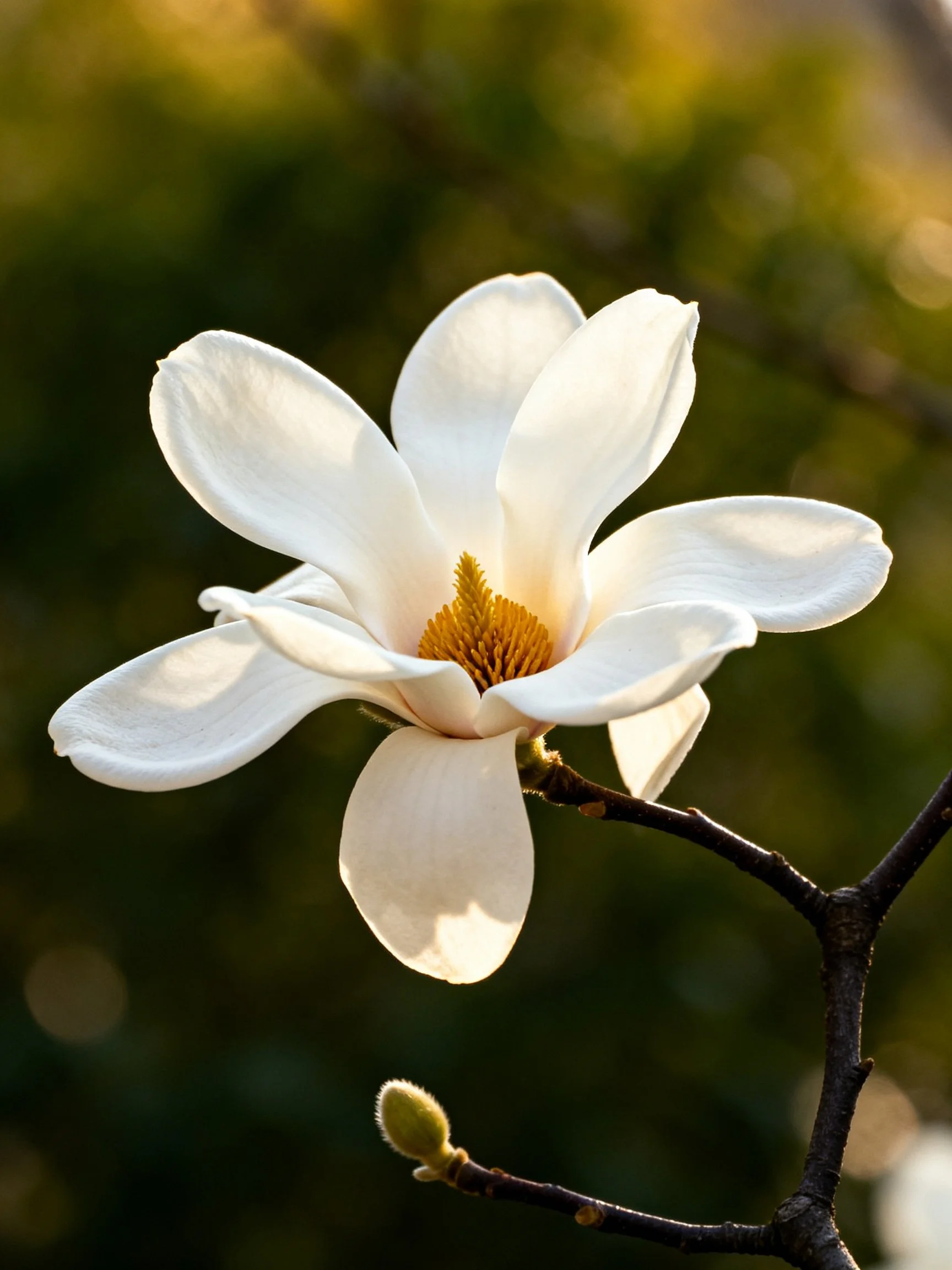 A single white magnolia flower with golden center