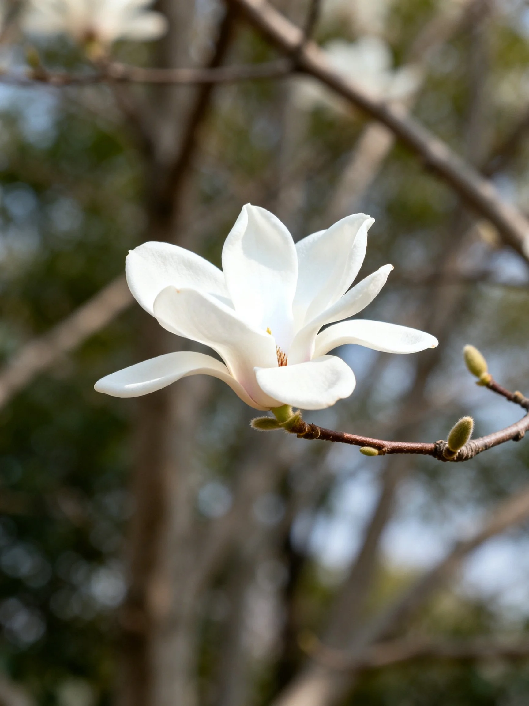 A single white magnolia flower with green buds on a branch