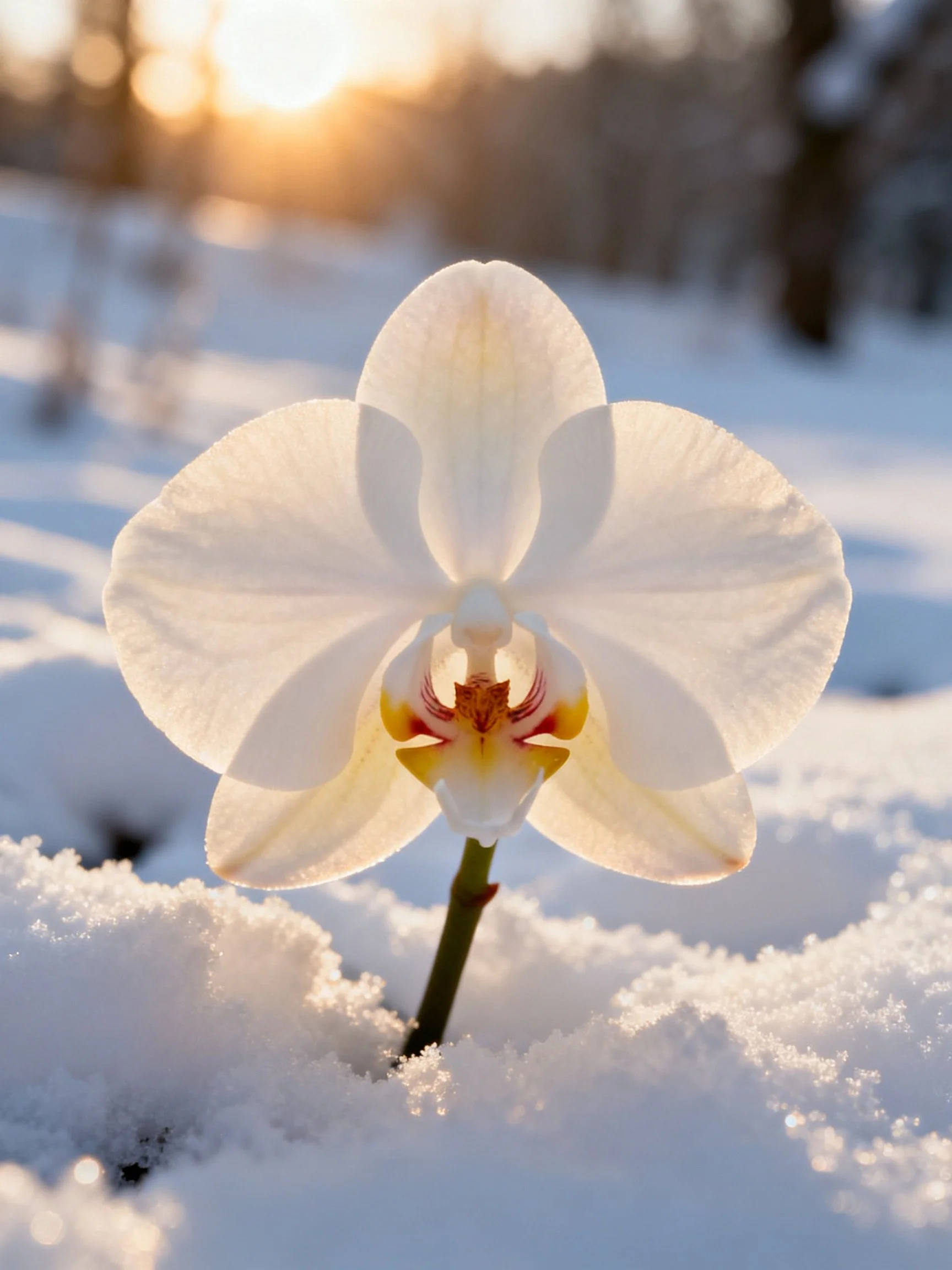 A single white orchid blooms through snowy landscape at sunset