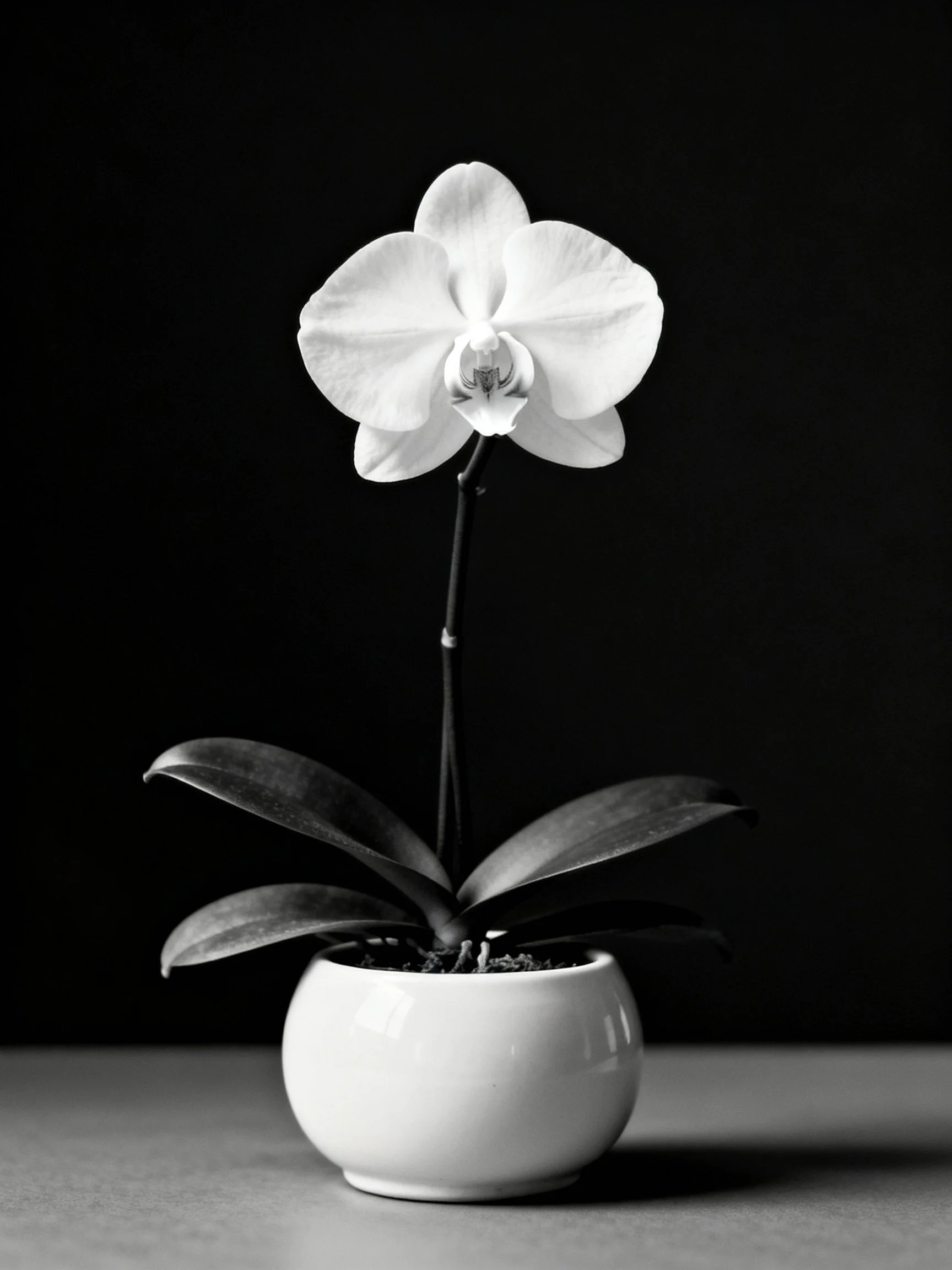 A single white orchid in a small round pot against a dark backdrop