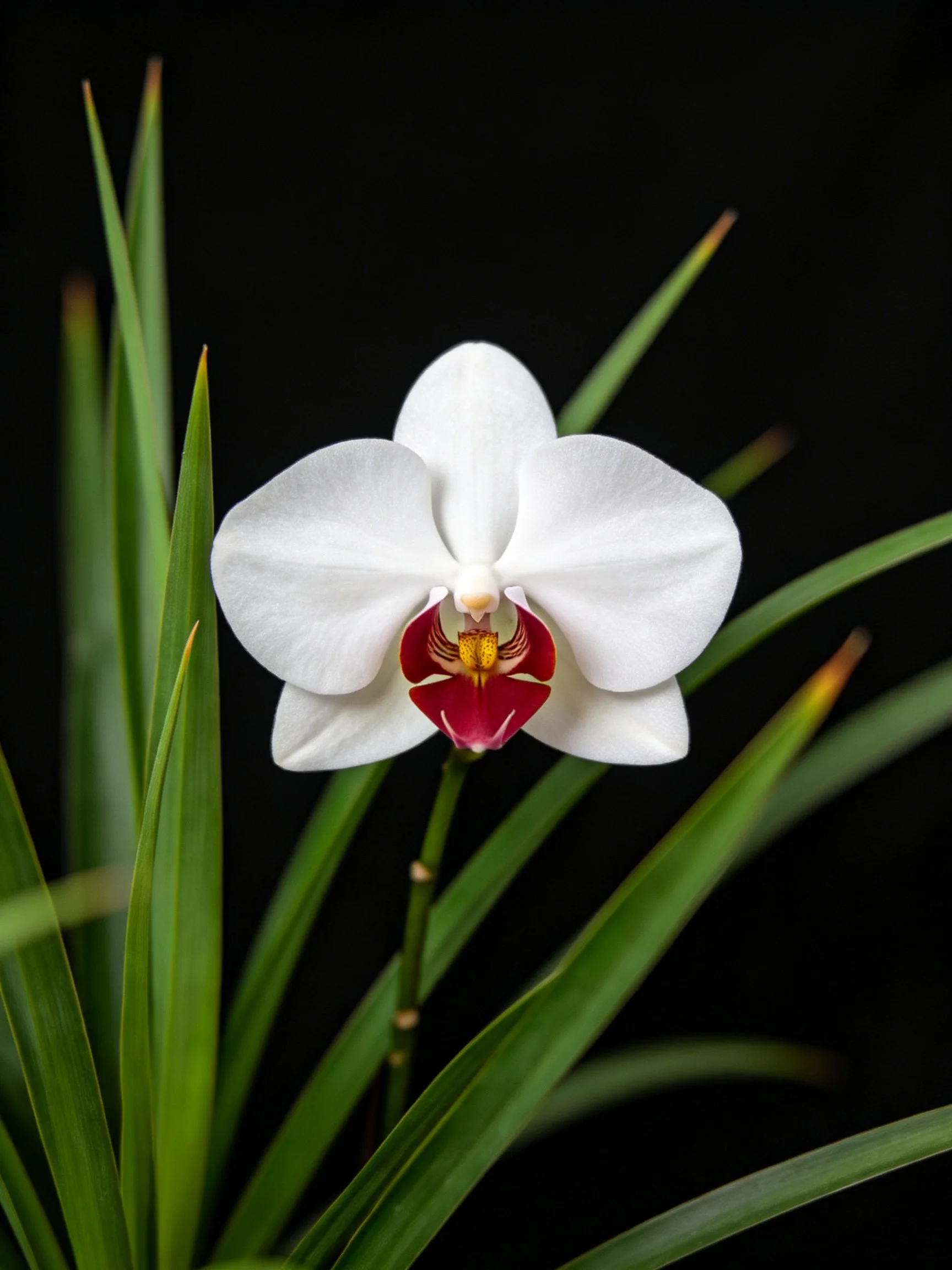 A single white orchid with maroon center amid green leaves