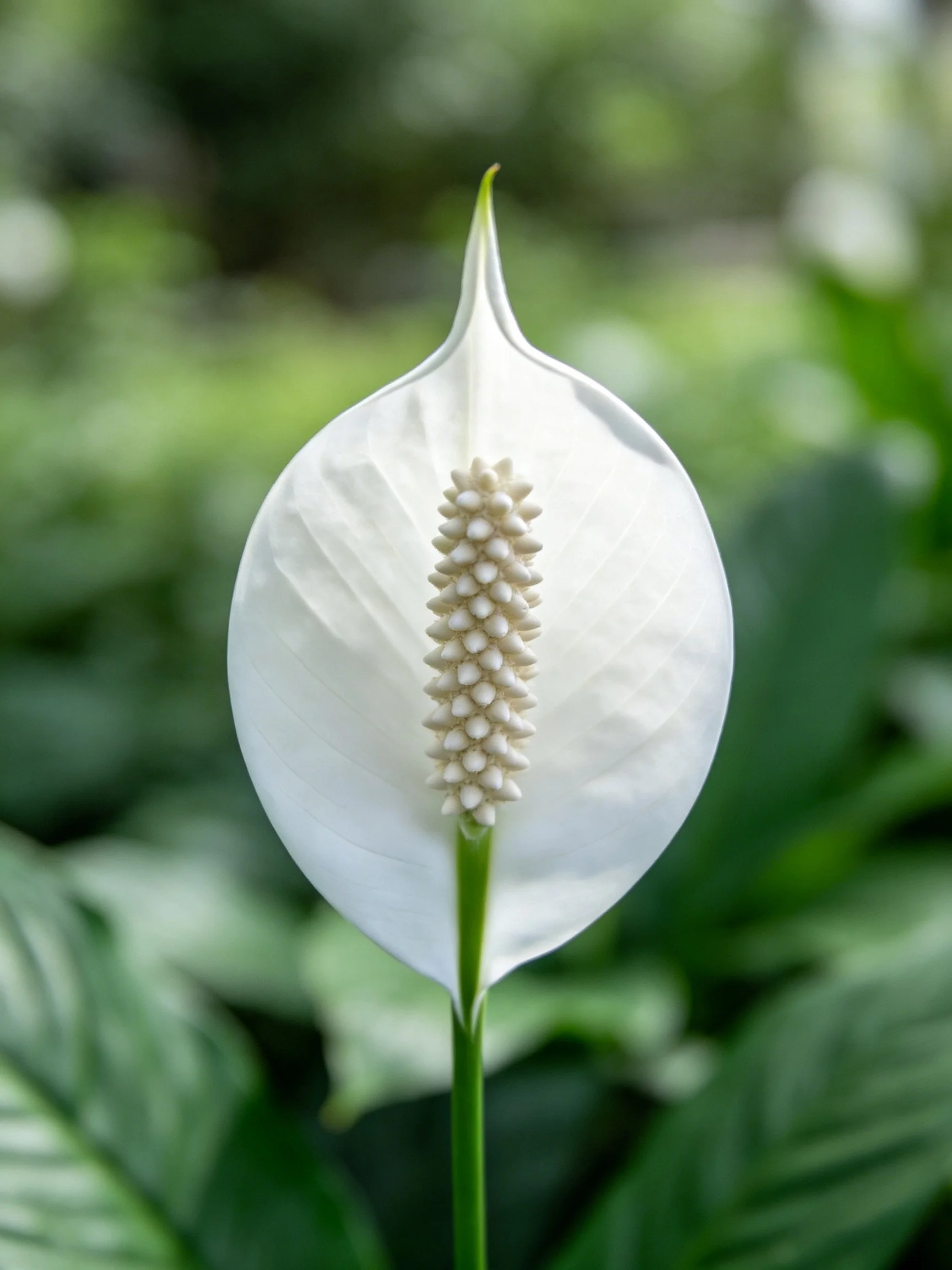 A single white peace lily with green stem against blurred green foliage