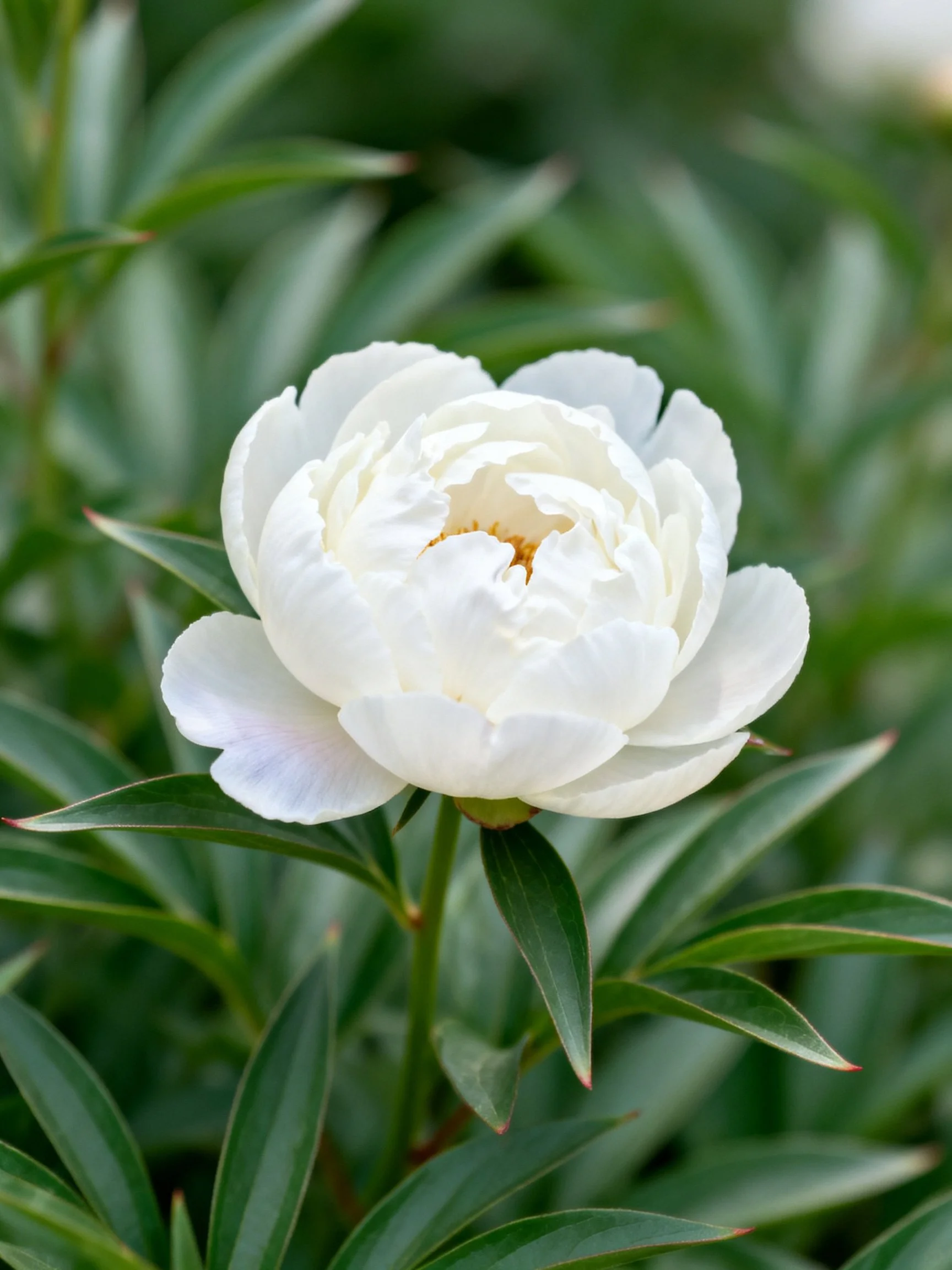 A single white peony bloom surrounded by lush green foliage