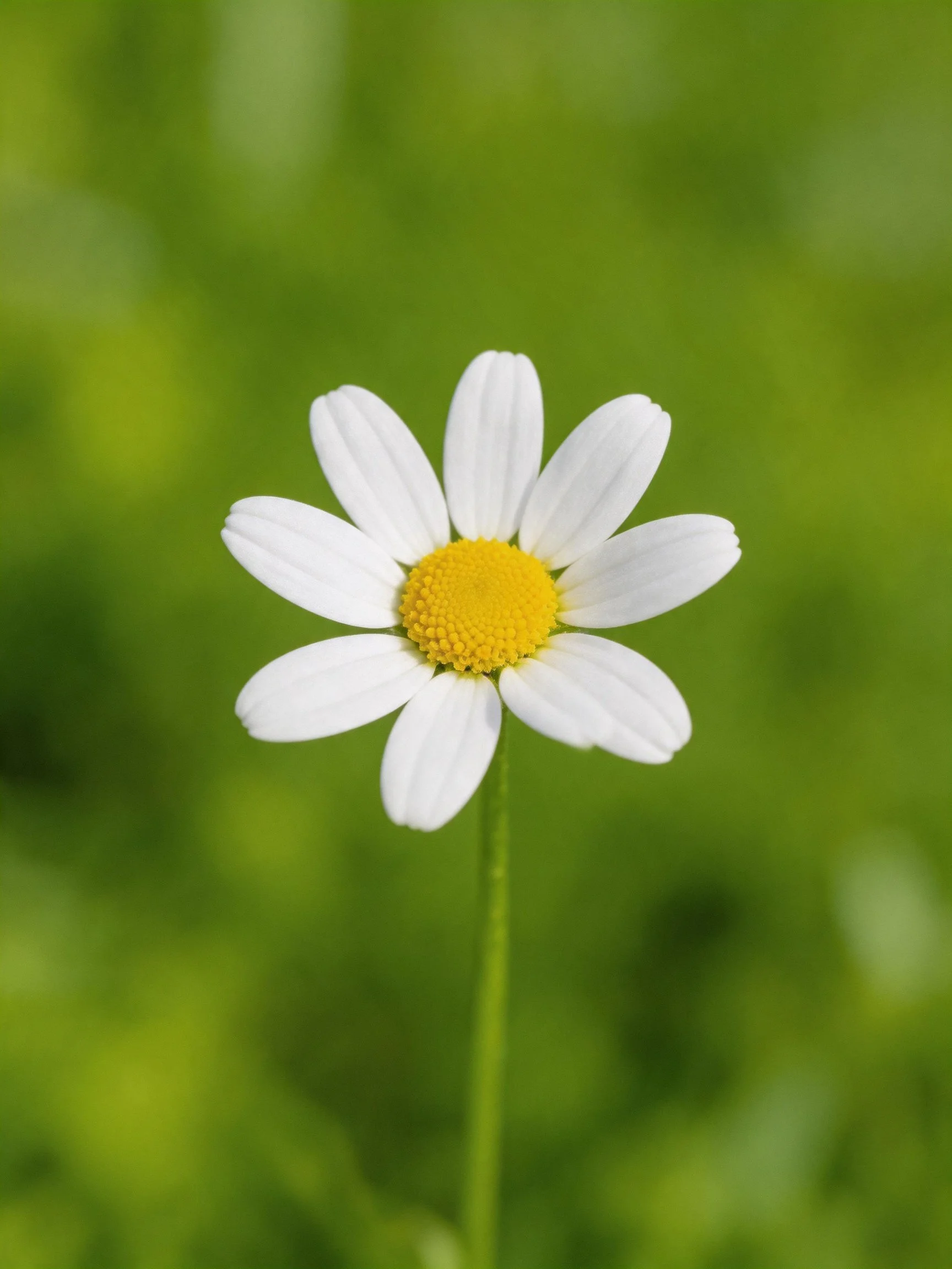 A single white-petaled daisy with a bright yellow center amid a blurred green setting