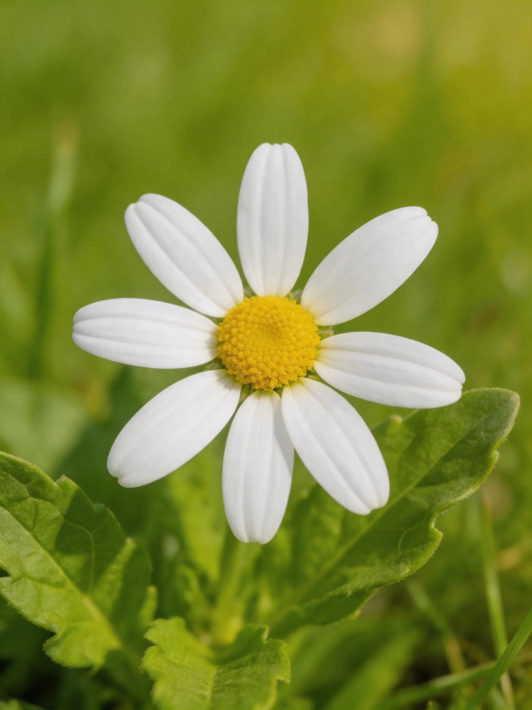 A single white - petaled daisy with a yellow center amid green foliage