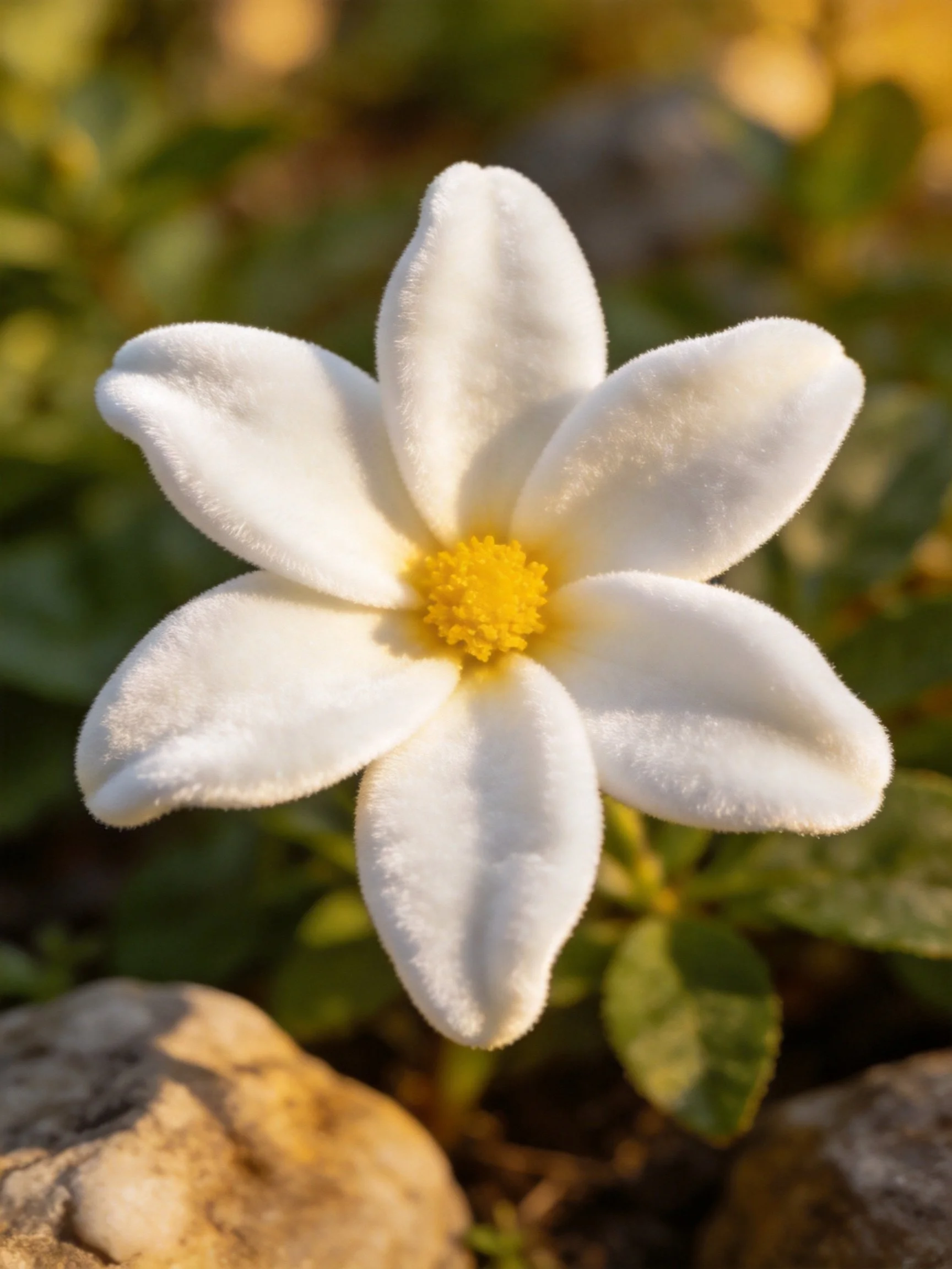 A single white - petaled flower with a vibrant yellow center amid green foliage and rocks