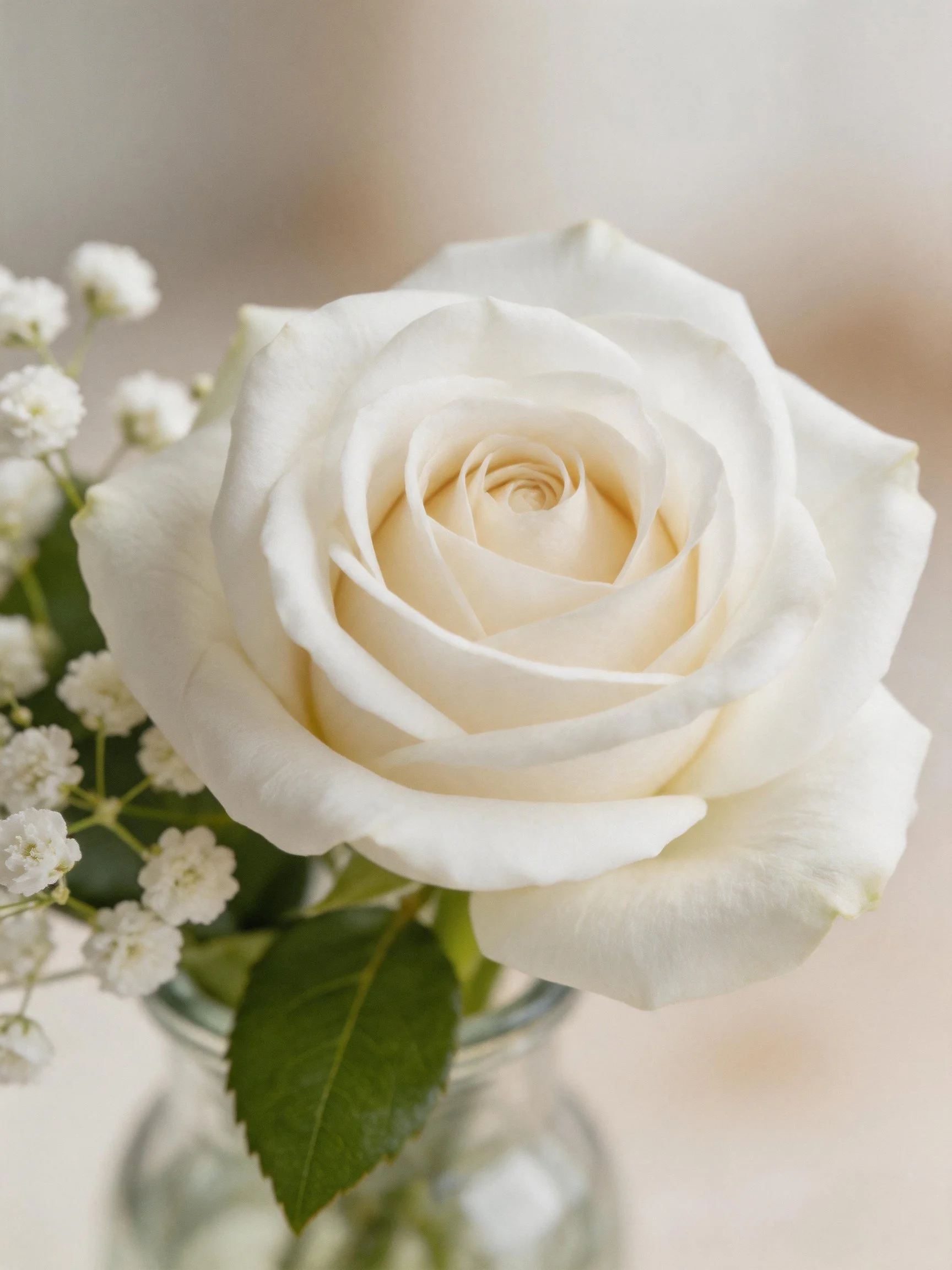 A single white rose with baby’s breath in a glass vase