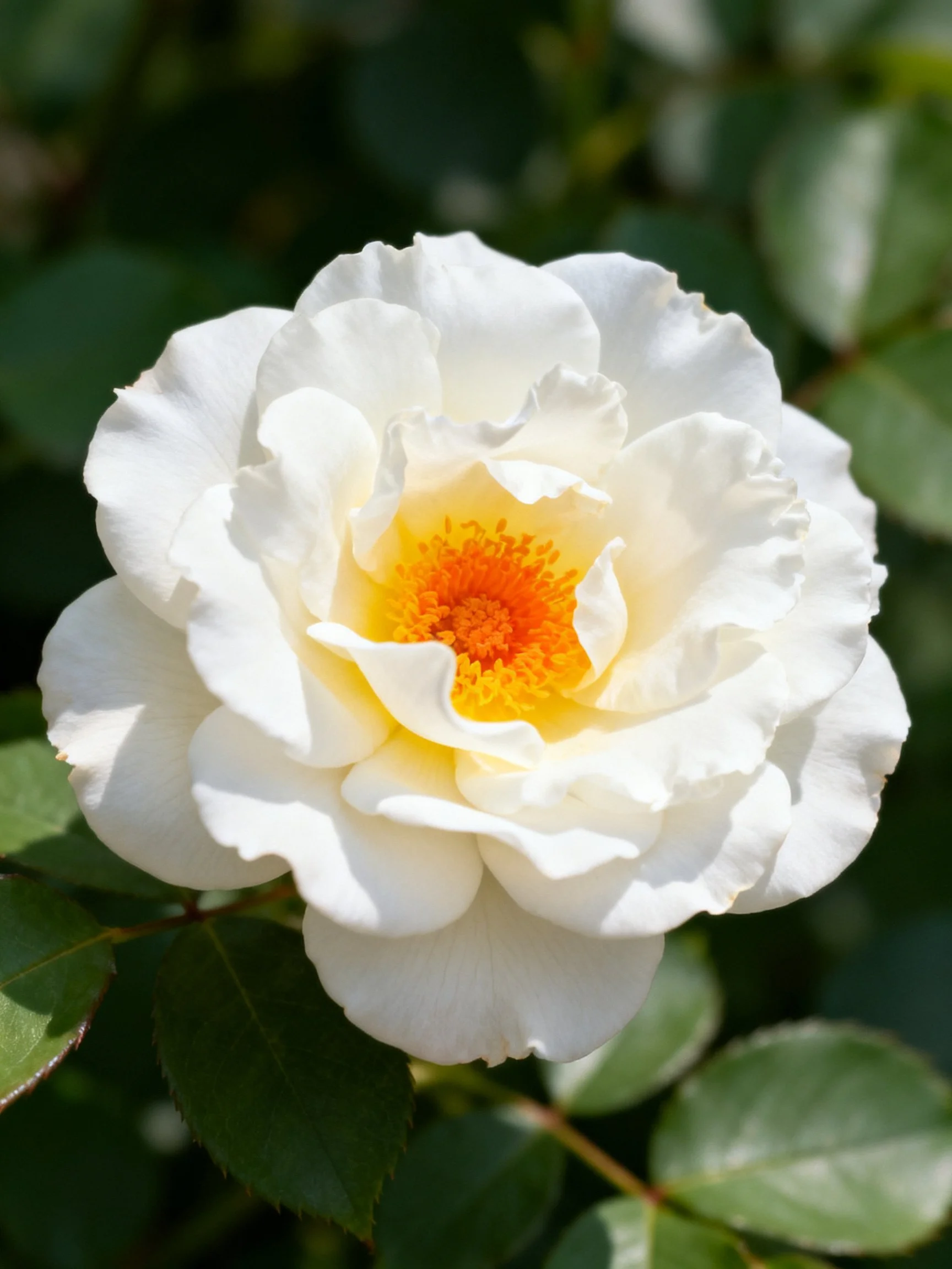 A single white rose with yellow-orange center amid green leaves