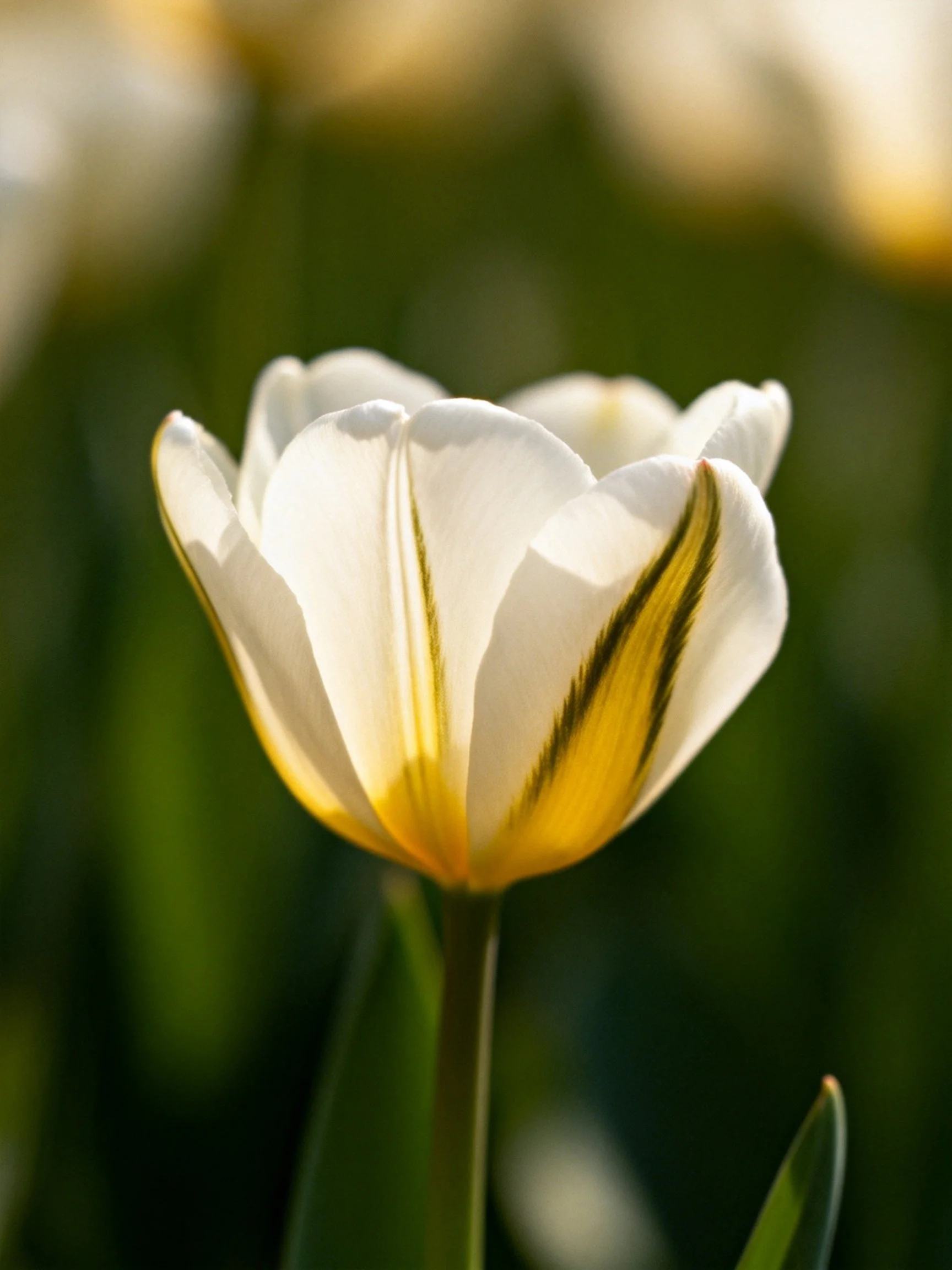 A single white tulip with yellow and green streaks