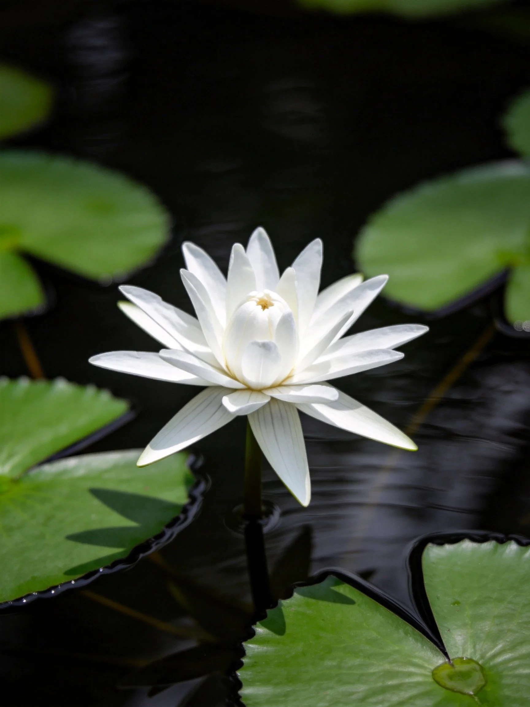 A single white water lily amidst green lily pads in dark water