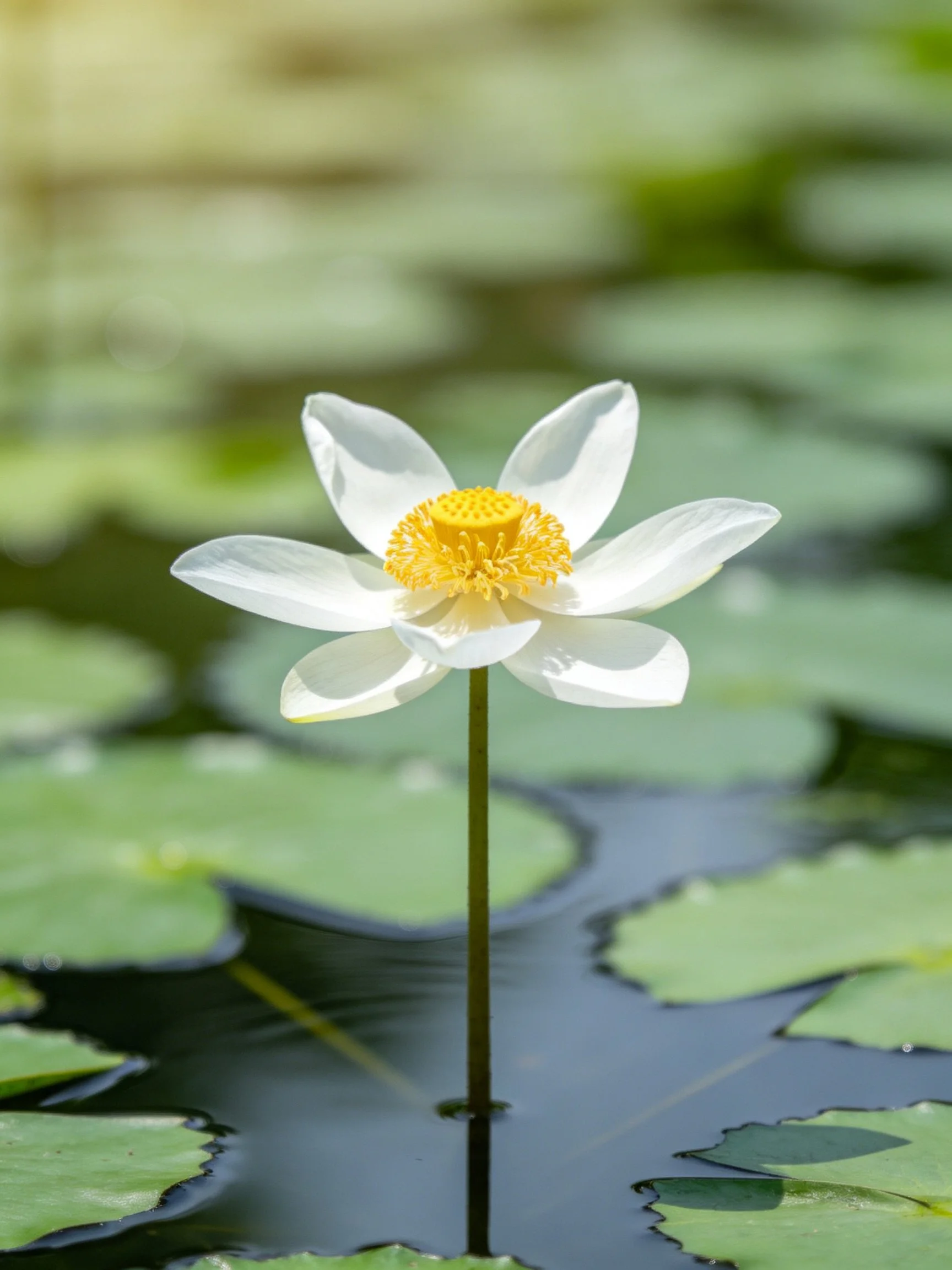 A single white water lily with a yellow center among green lily pads