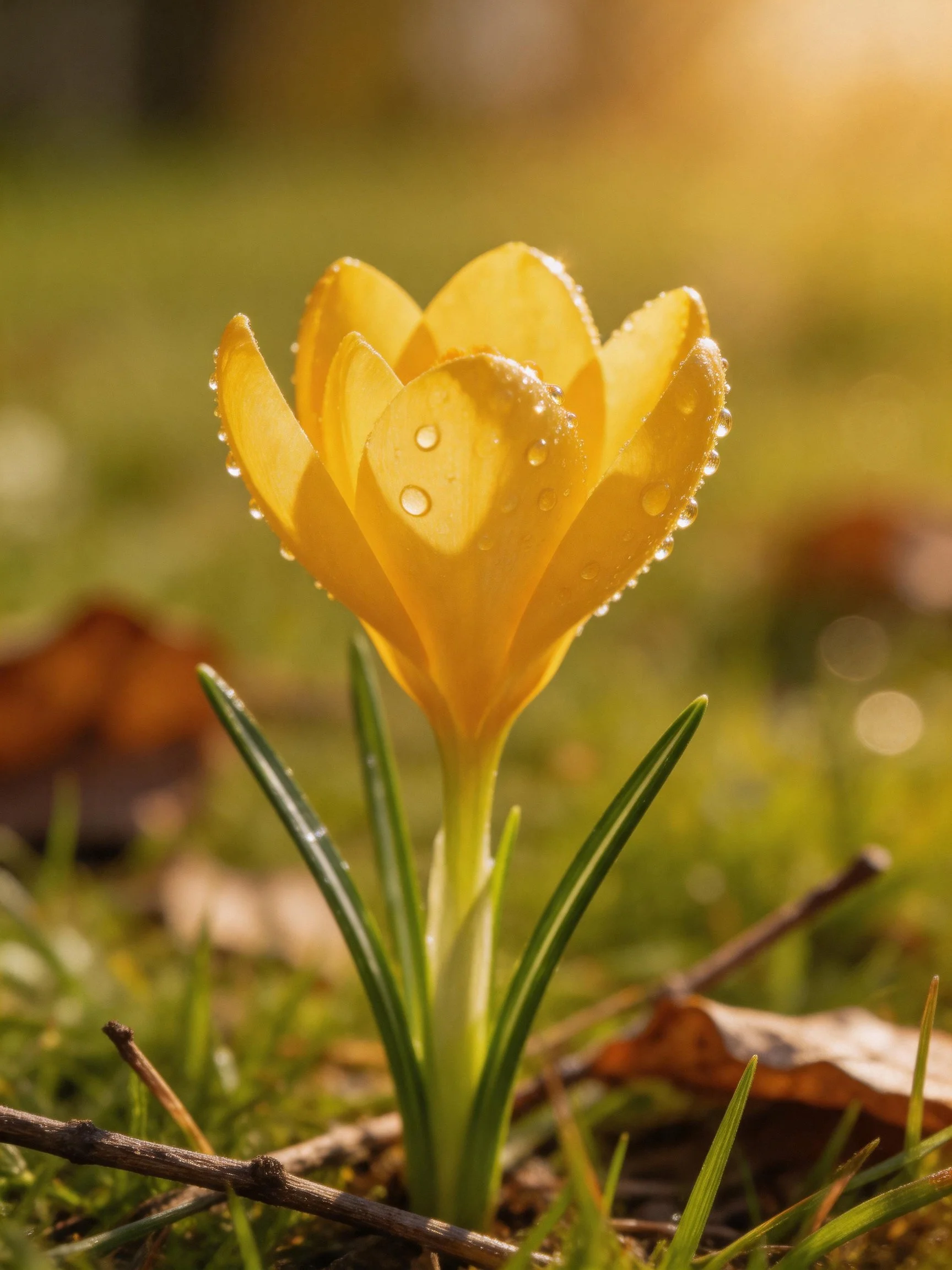 A single yellow crocus with dewdrops blooms among grass and fallen leaves