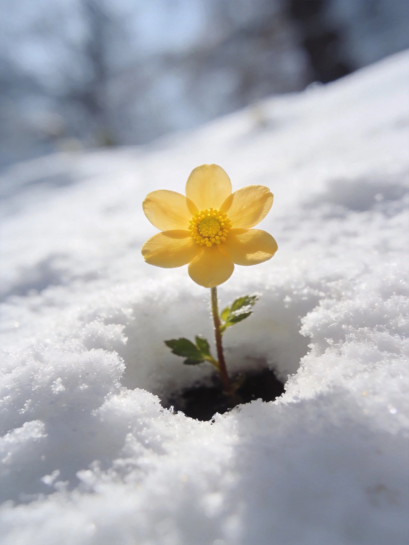 A yellow flower emerges from snow, capturing natures resilience.