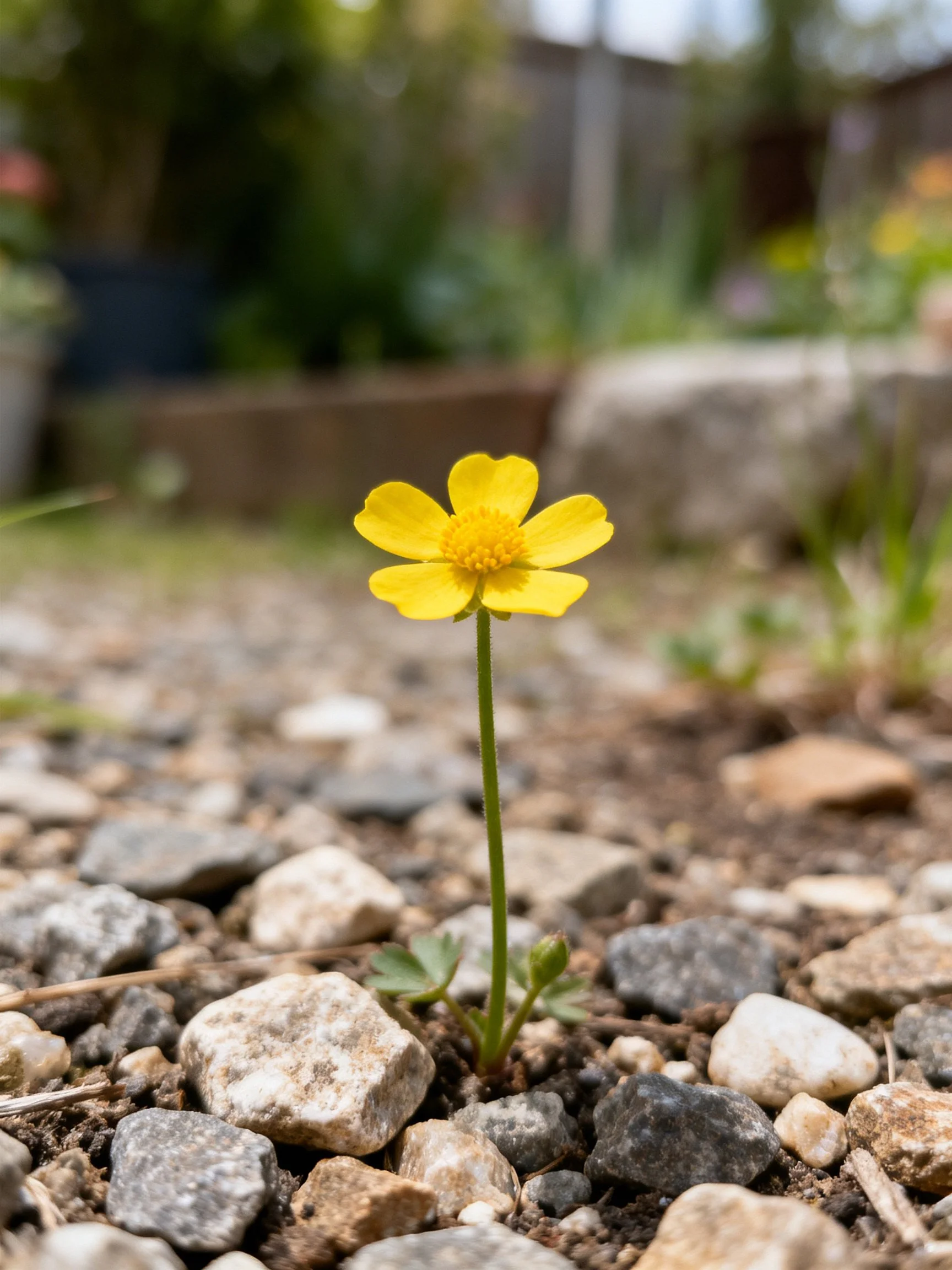 A single yellow flower grows among various pebbles and soil