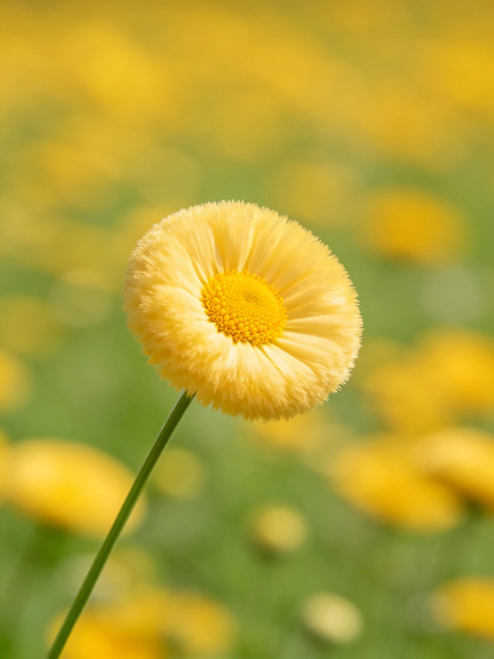 A single yellow flower is sharply focused amid a blurred yellow-green floral scene