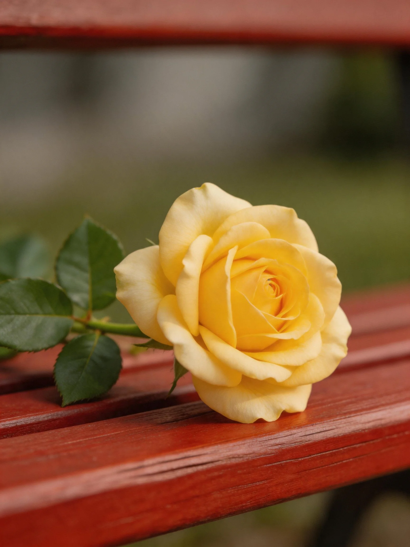 A single yellow rose rests on a polished red wooden bench