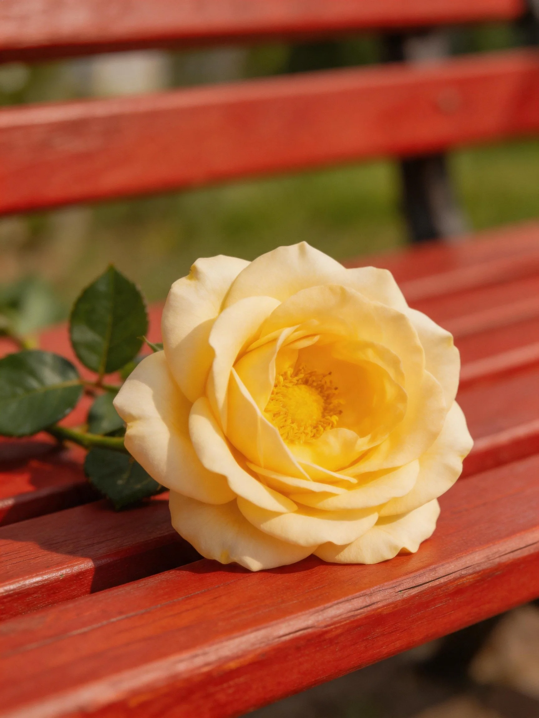 A single yellow rose rests on a vibrant red wooden bench